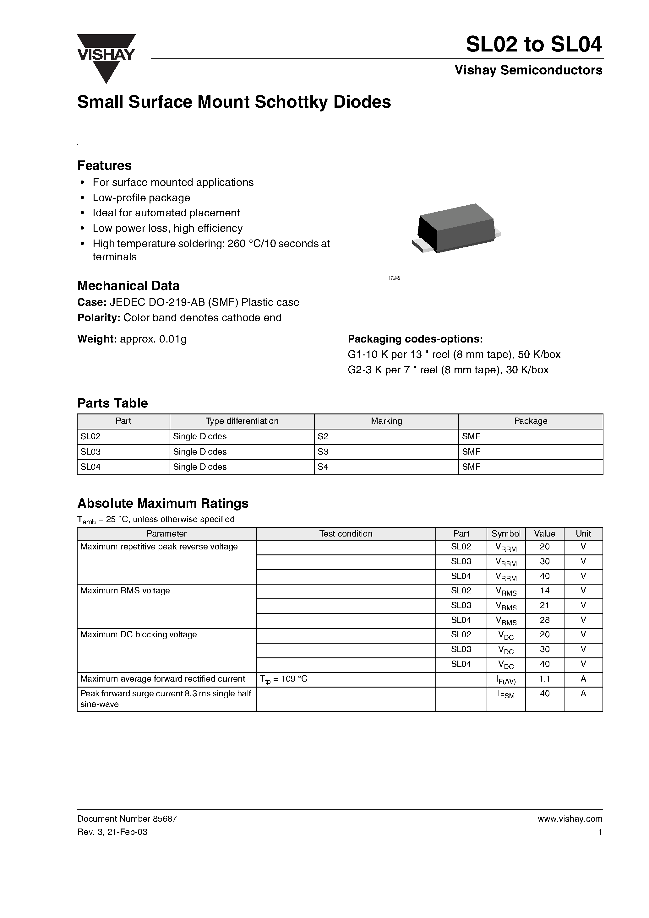 Даташит на микросхему SL02 страница 1 Даташит SL02 - (SL02 - SL04) Small Surface Mount Schottky Diodes страница 1
