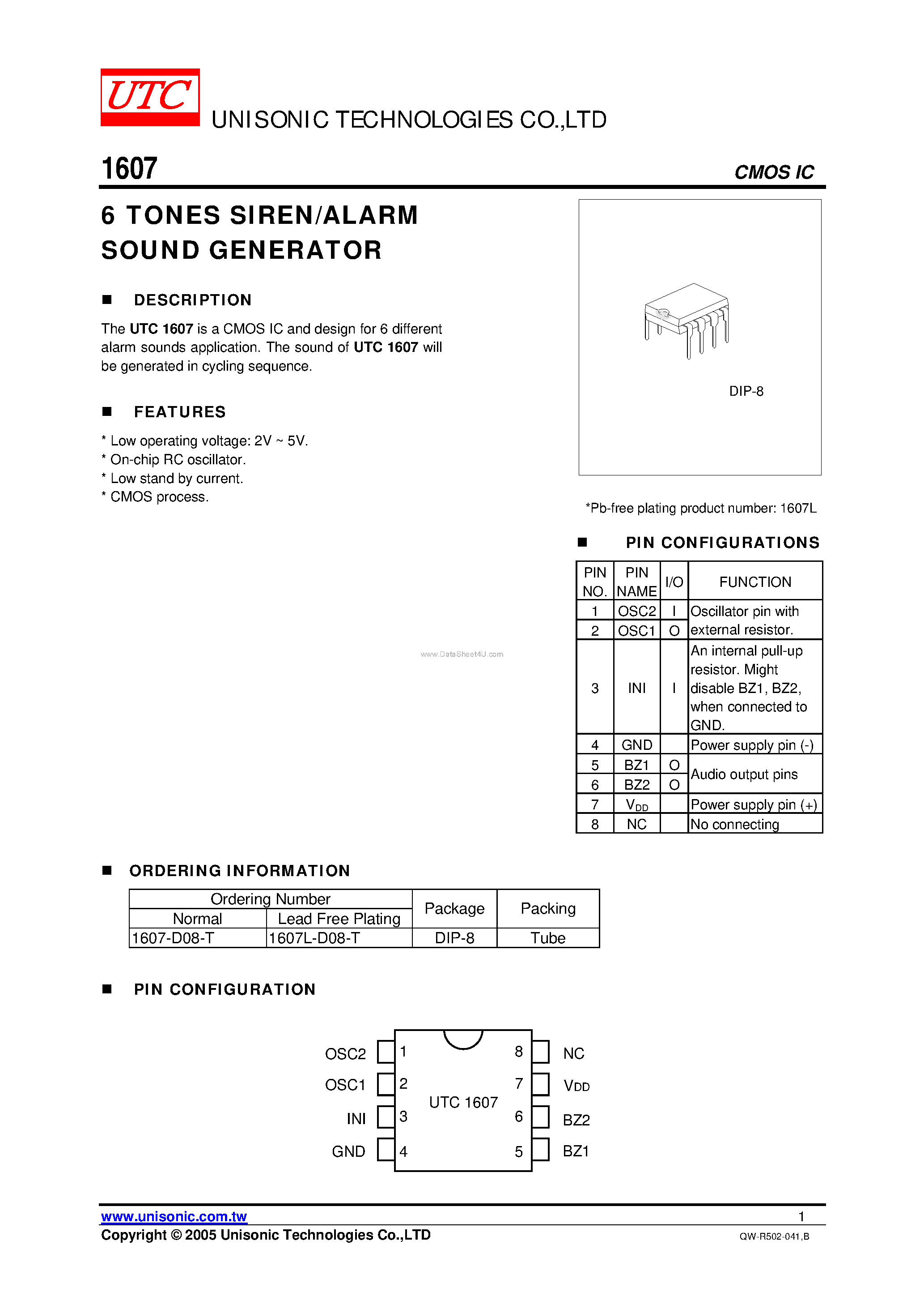 Datasheet 1607 - 6 TONES SIREN/ALARM SOUND GENERATOR page 1