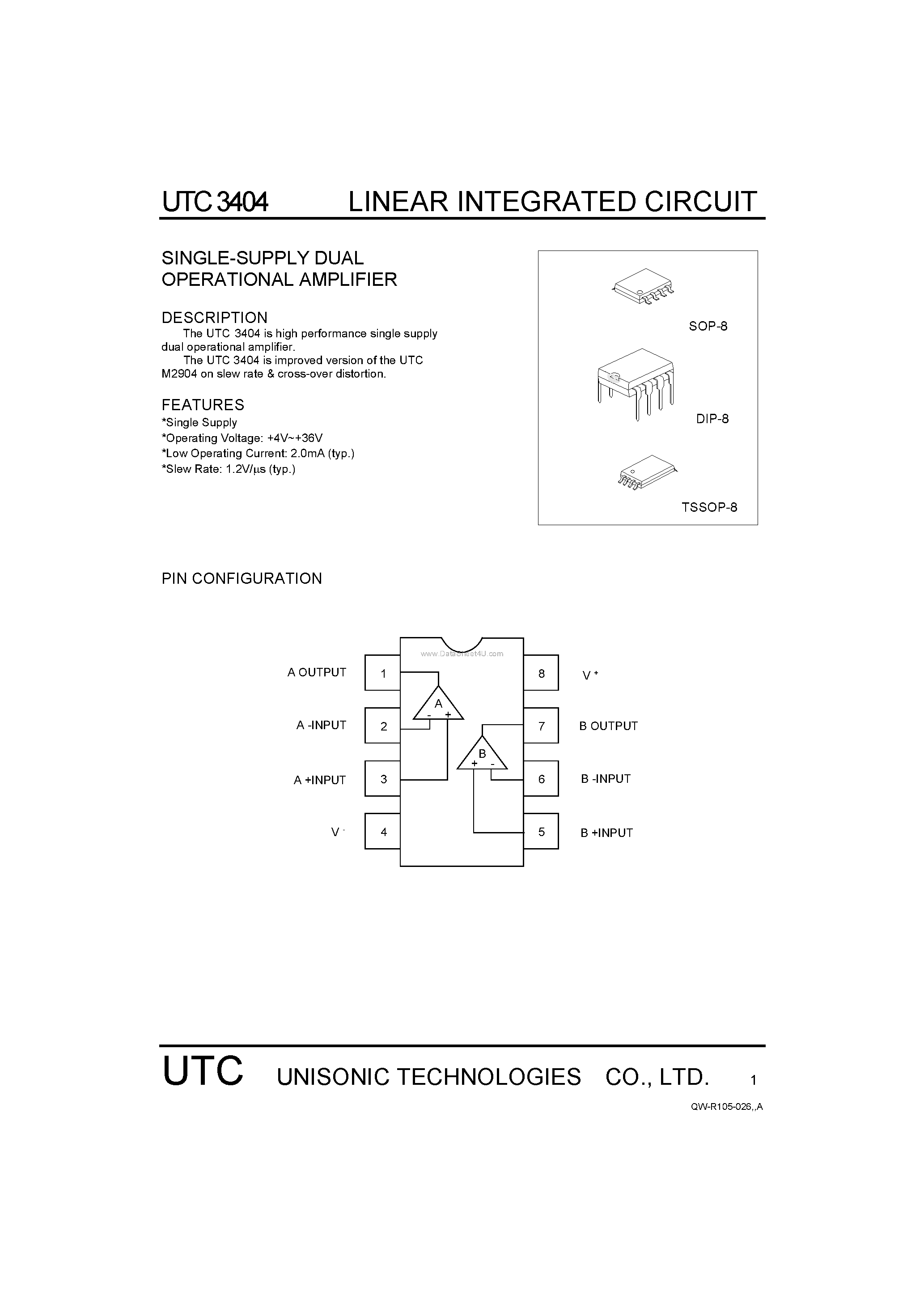 Даташит на микросхему 3404 страница 1 Даташит 3404 - SINGLE-SUPPLY DUAL OPERATIONAL AMPLIFIER страница 1