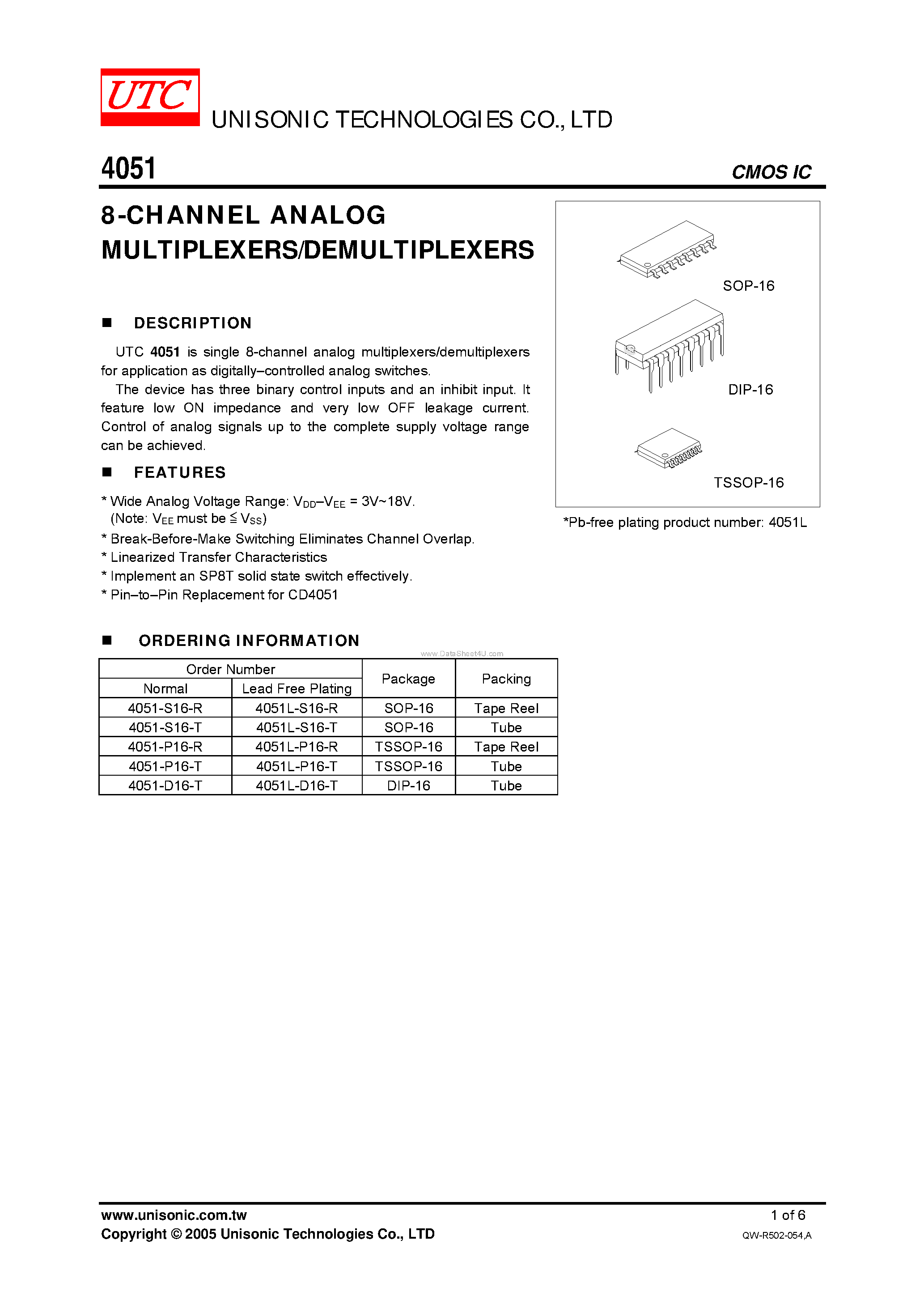 Даташит на микросхему 4051 страница 1 Даташит 4051 - 8-CHANNEL ANALOG MULTIPLEXERS/DEMULTIPLEXERS страница 1