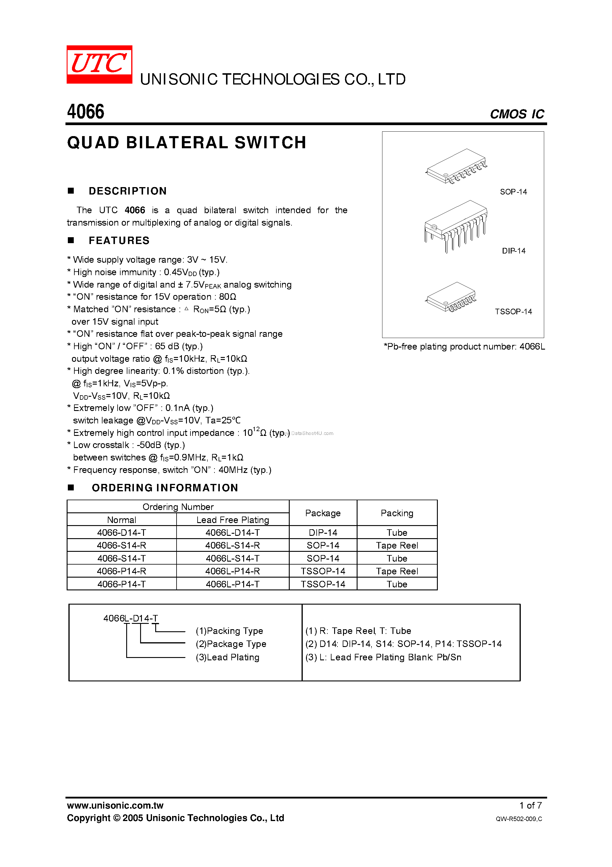 Datasheet 4066 page 1 Datasheet 4066 - QUAD BILATERAL SWITCH page 1