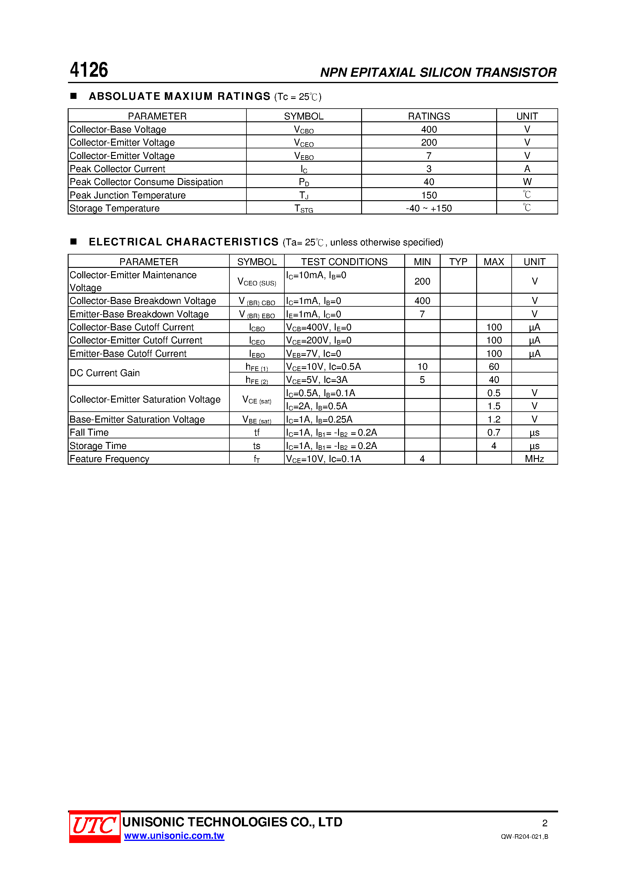 Даташит 4126 - HIGH FREQUENCY SWITCHING TRANSISTORS страница 2
