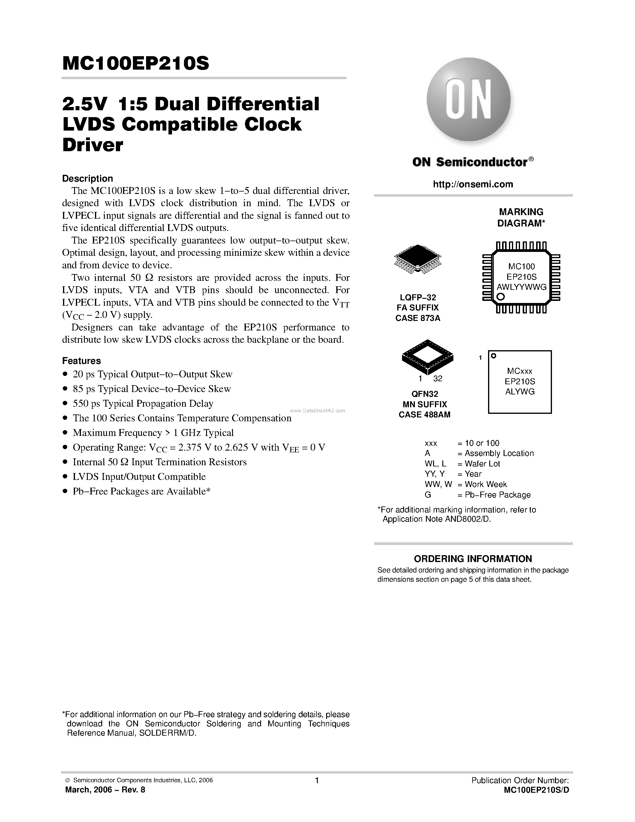 Даташит MC100EP210S - Dual Differential LVDS Compatible Clock Driver страница 1