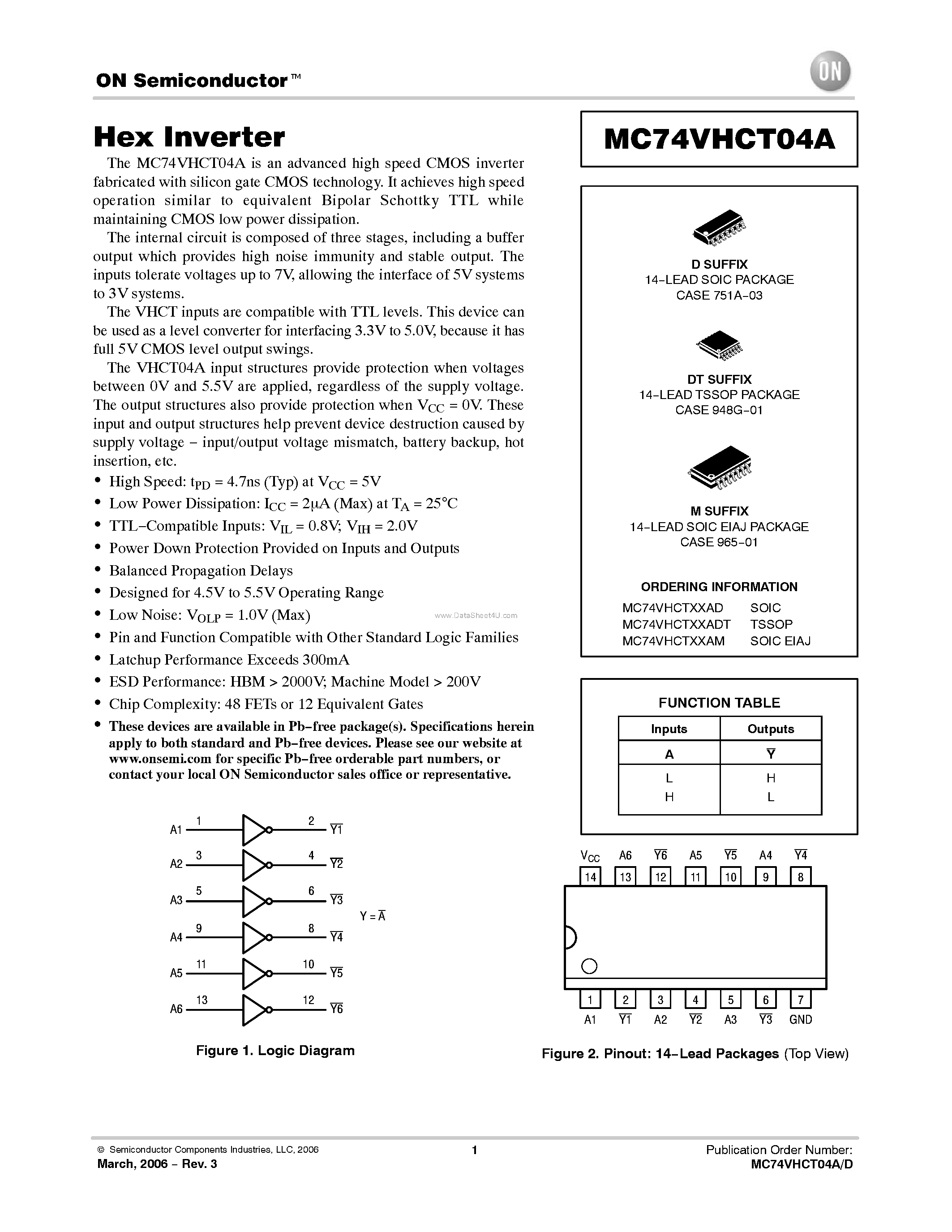Даташит на микросхему MC74VHCT04A страница 1 Даташит MC74VHCT04A - Hex Inverter страница 1