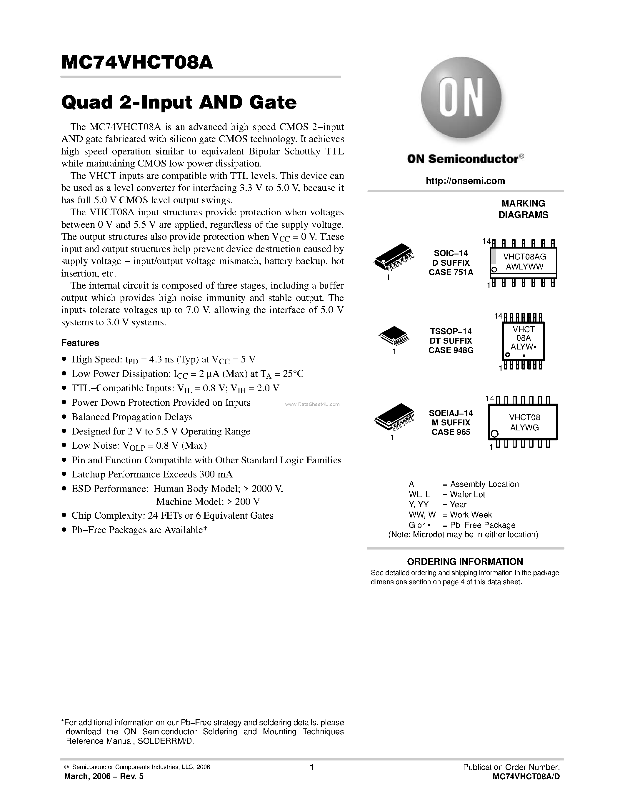 Даташит на микросхему MC74VHCT08A страница 1 Даташит MC74VHCT08A - Quad 2-Input AND Gate страница 1