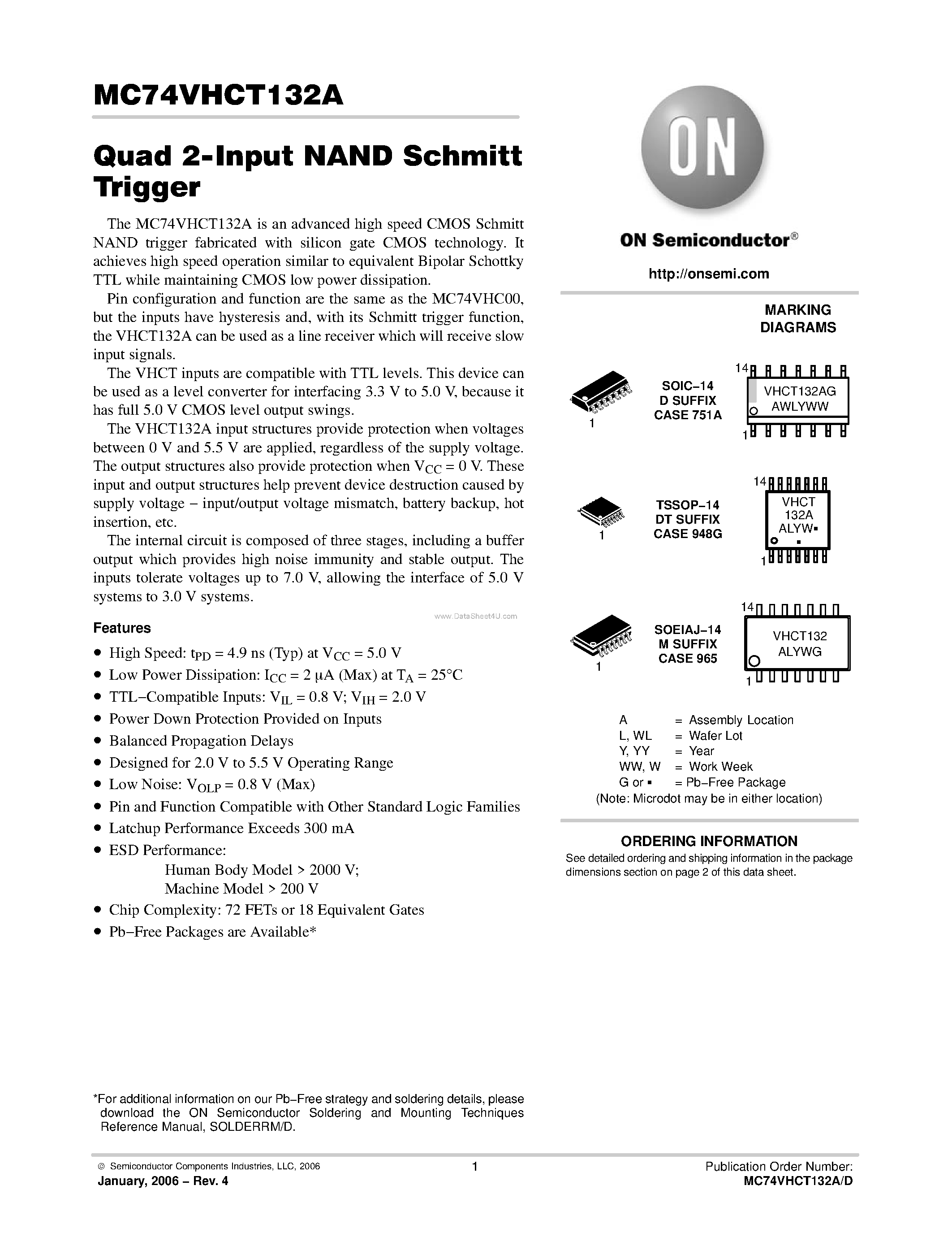 Даташит на микросхему MC74VHCT132A страница 1 Даташит MC74VHCT132A - Quad 2-Input NAND Schmitt Trigger страница 1