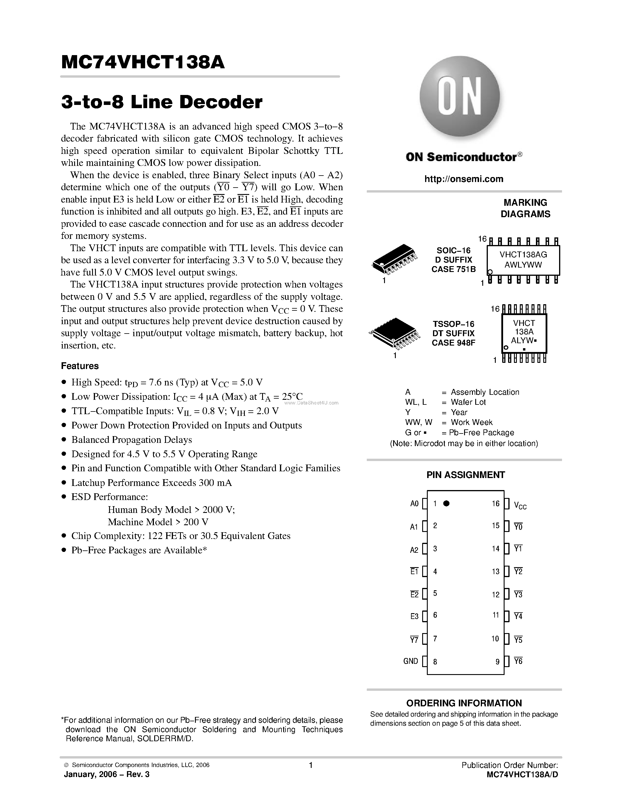 Даташит на микросхему MC74VHCT138A страница 1 Даташит MC74VHCT138A - 3-to-8 Line Decoder страница 1