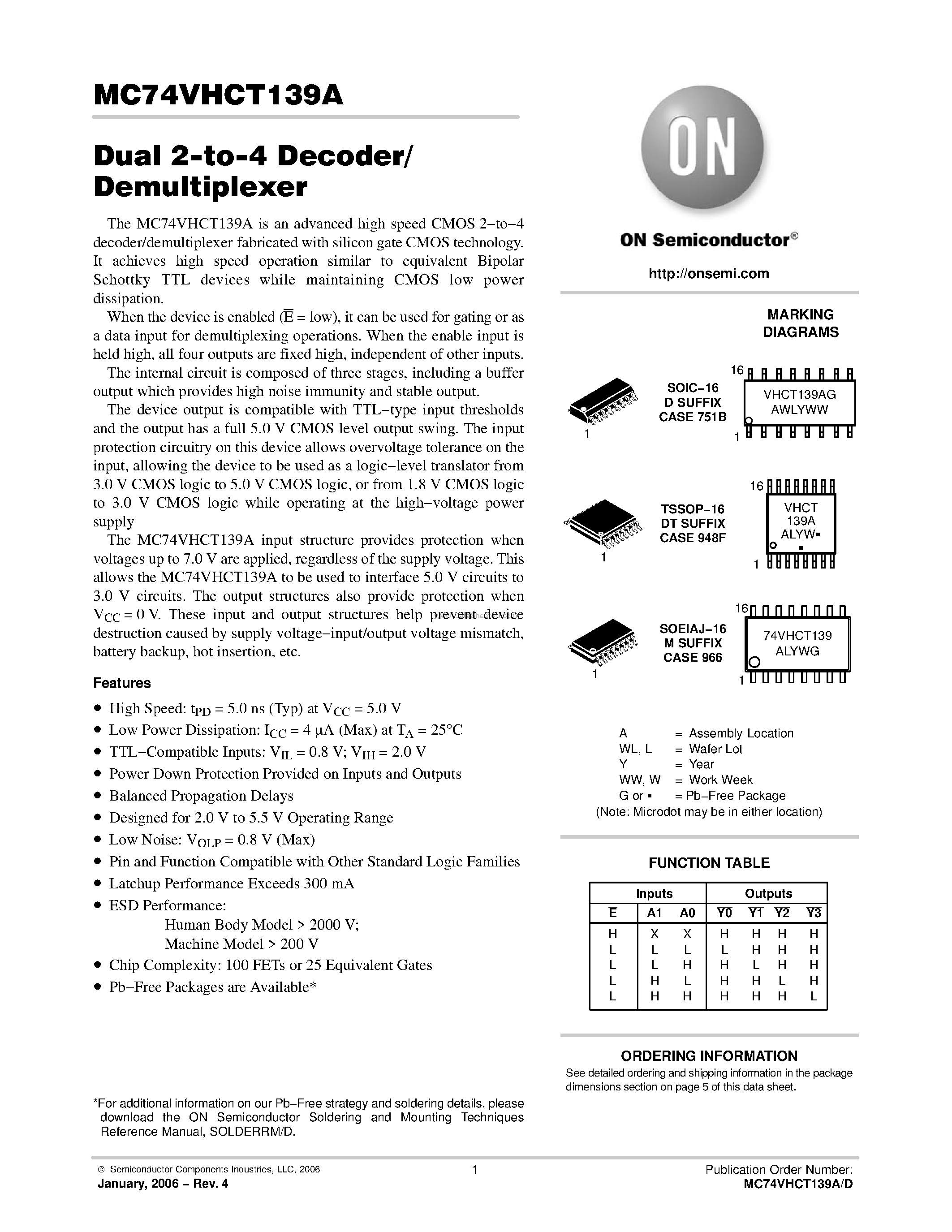 Даташит на микросхему MC74VHCT139A страница 1 Даташит MC74VHCT139A - Dual 2-to-4 Decoder/ Demultiplexer страница 1