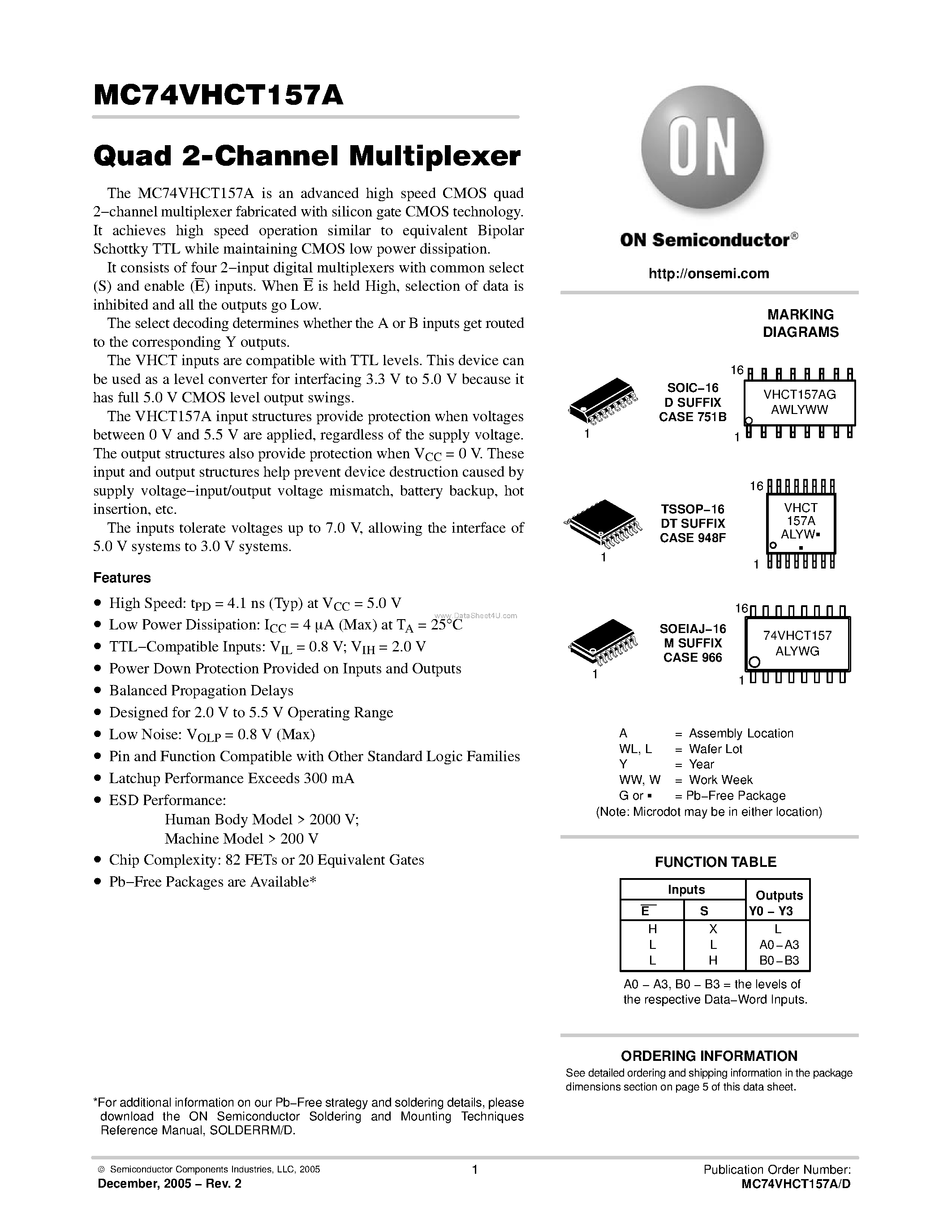 Даташит MC74VHCT157A - Quad 2-Channel Multiplexer страница 1