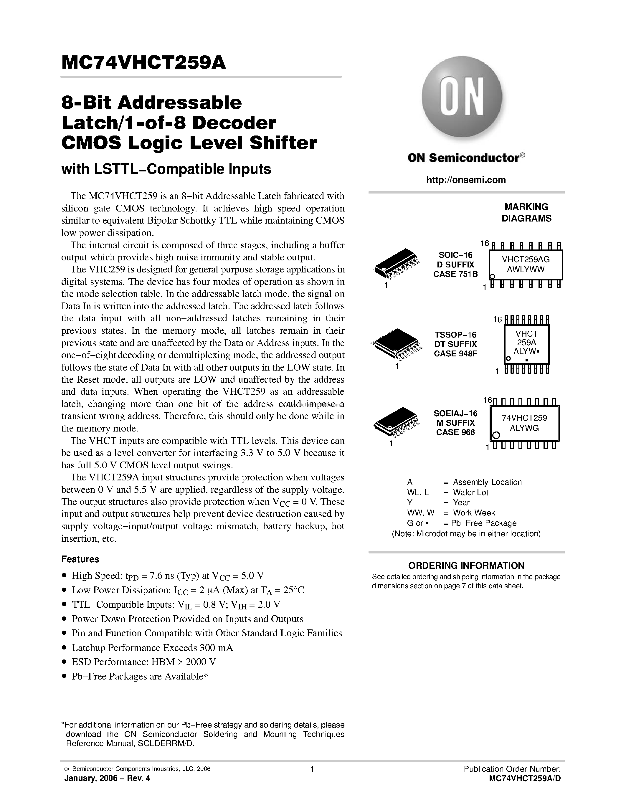 Datasheet MC74VHCT259A - 8-Bit Addressable Latch/1-of-8 Decoder CMOS Logic Level Shifter page 1