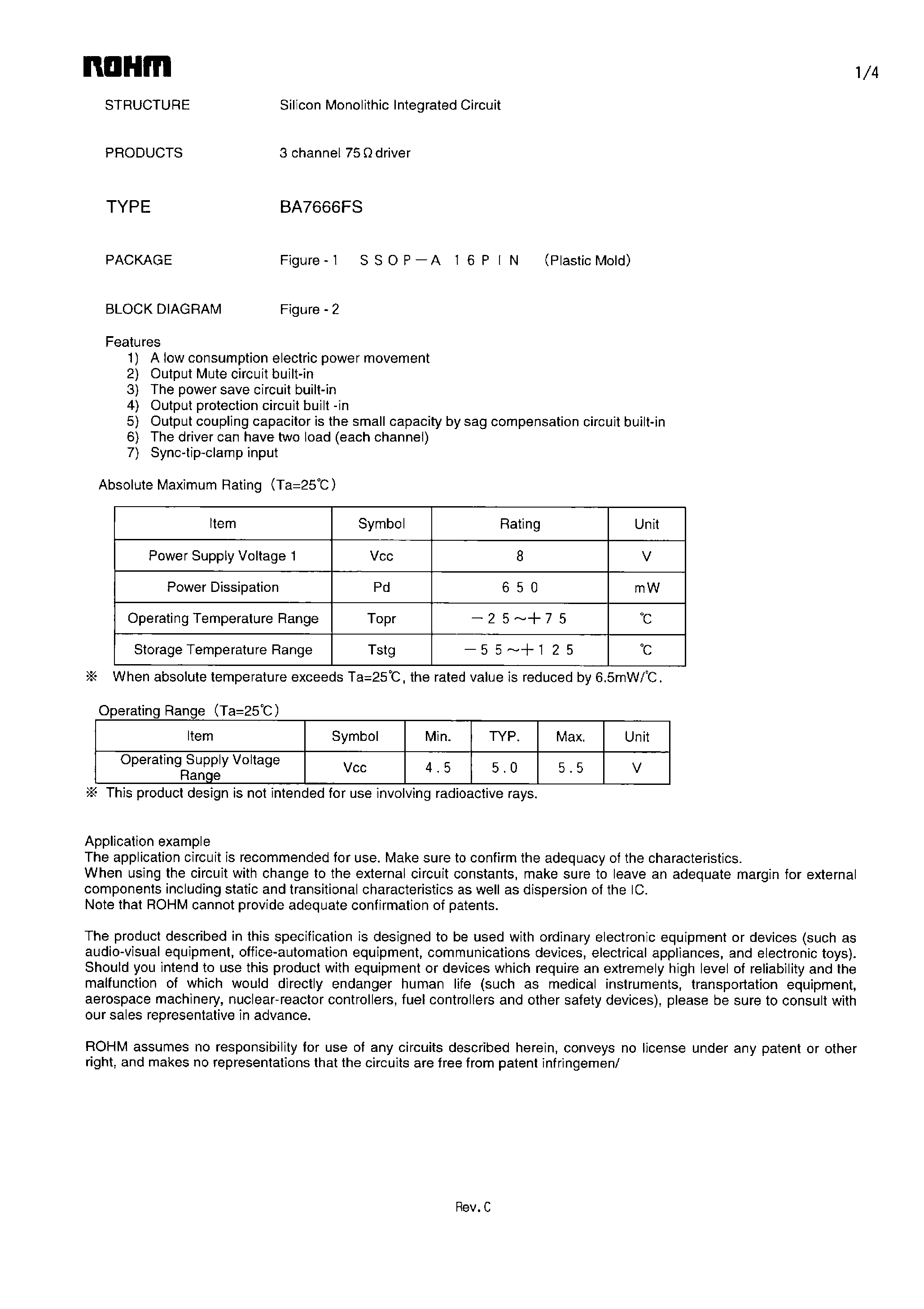 Datasheet BA7666FS page 1 Datasheet BA7666FS - 3 channel 75ohm driver page 1