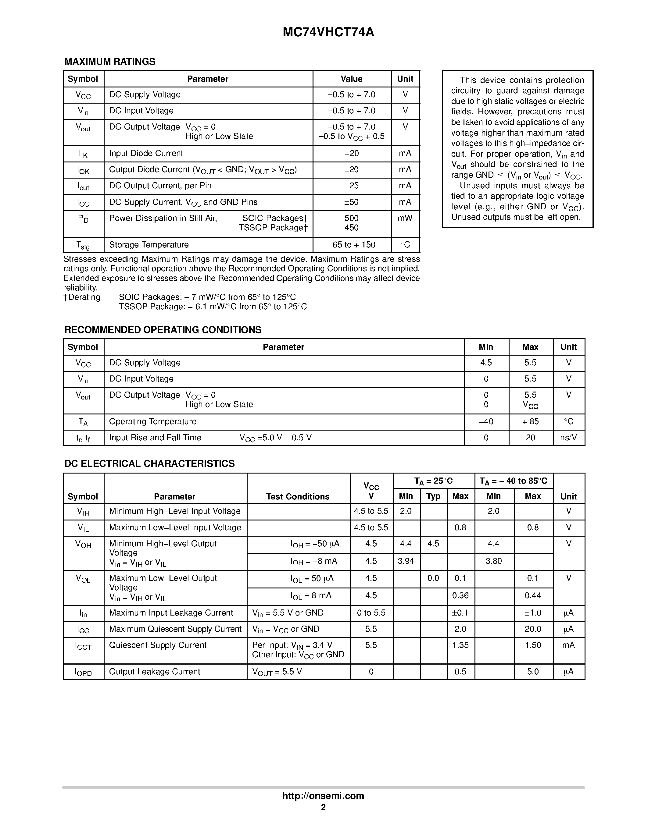 Даташит на микросхему MC74VHCT74A страница 2 Даташит MC74VHCT74A - Octal D-Type Flip-Flop страница 2
