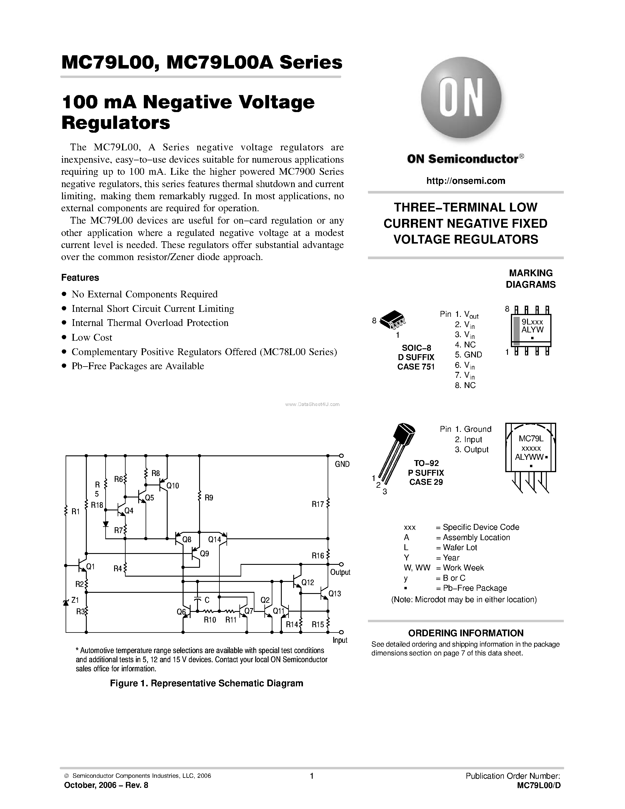 Даташит MC79L00 - THREE-TERMINAL LOW CURRENT NEGATIVE FIXED VOLTAGE REGULATORS страница 1