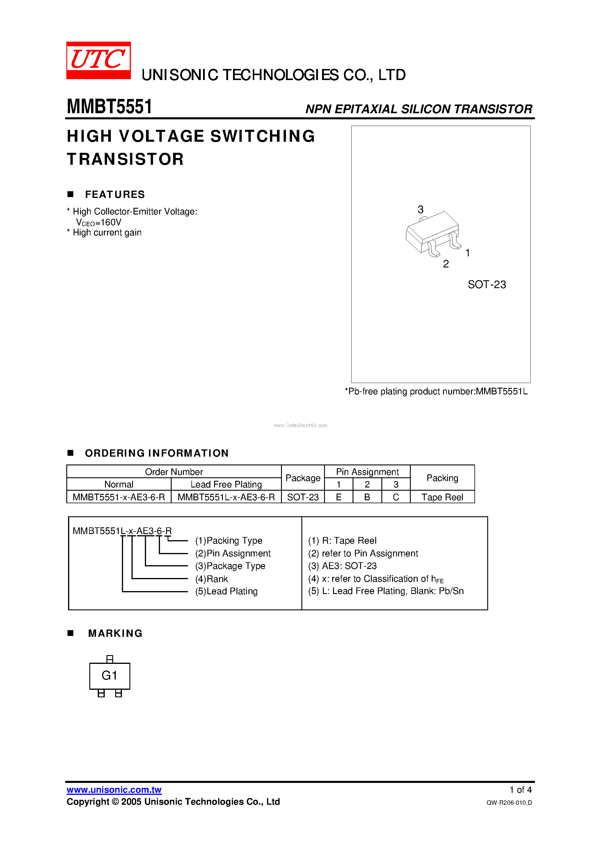 Datasheet MMBT5551 - HIGH VOLTAGE SWITCHING TRANSISTOR page 1
