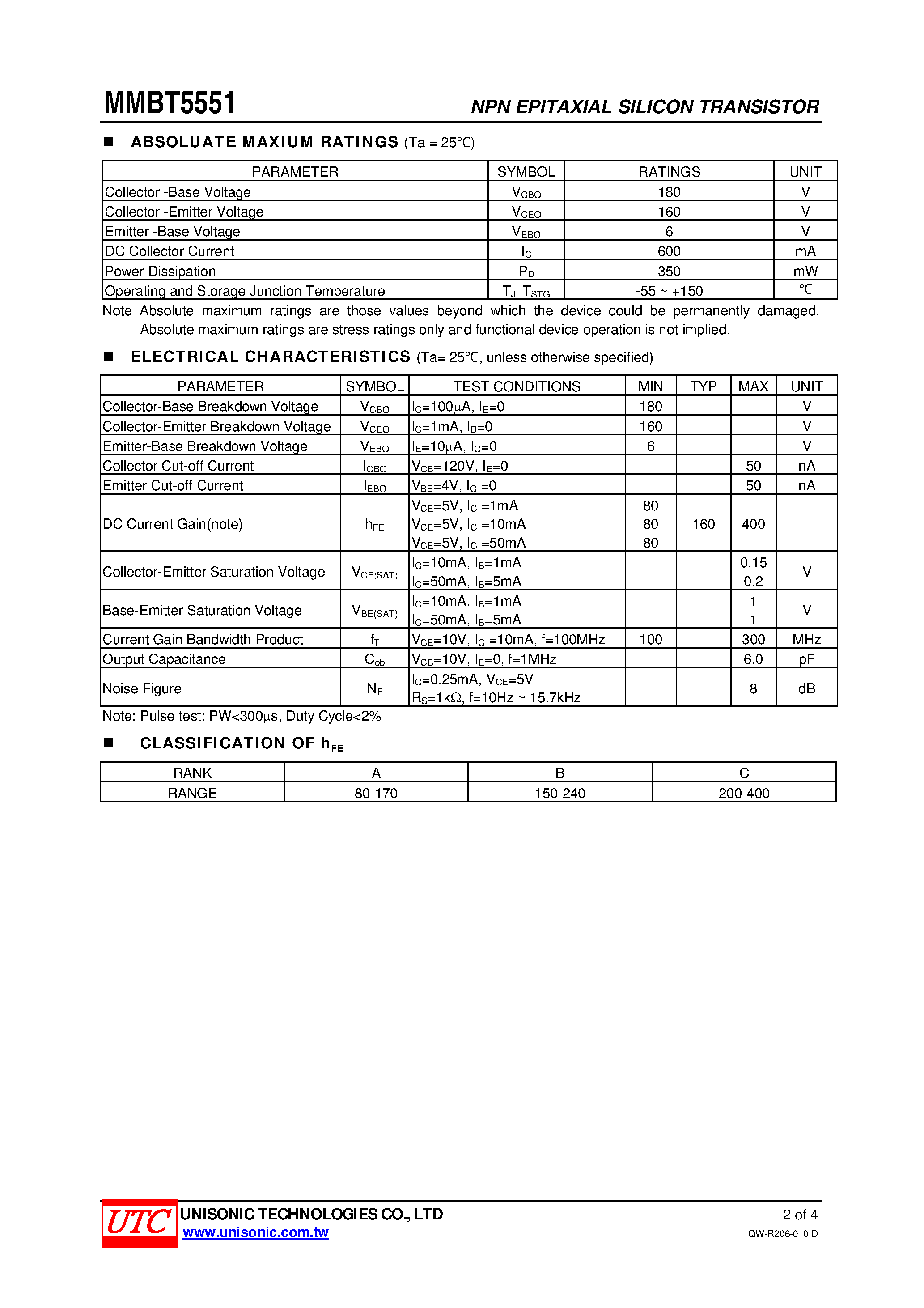 Datasheet MMBT5551 - HIGH VOLTAGE SWITCHING TRANSISTOR page 2