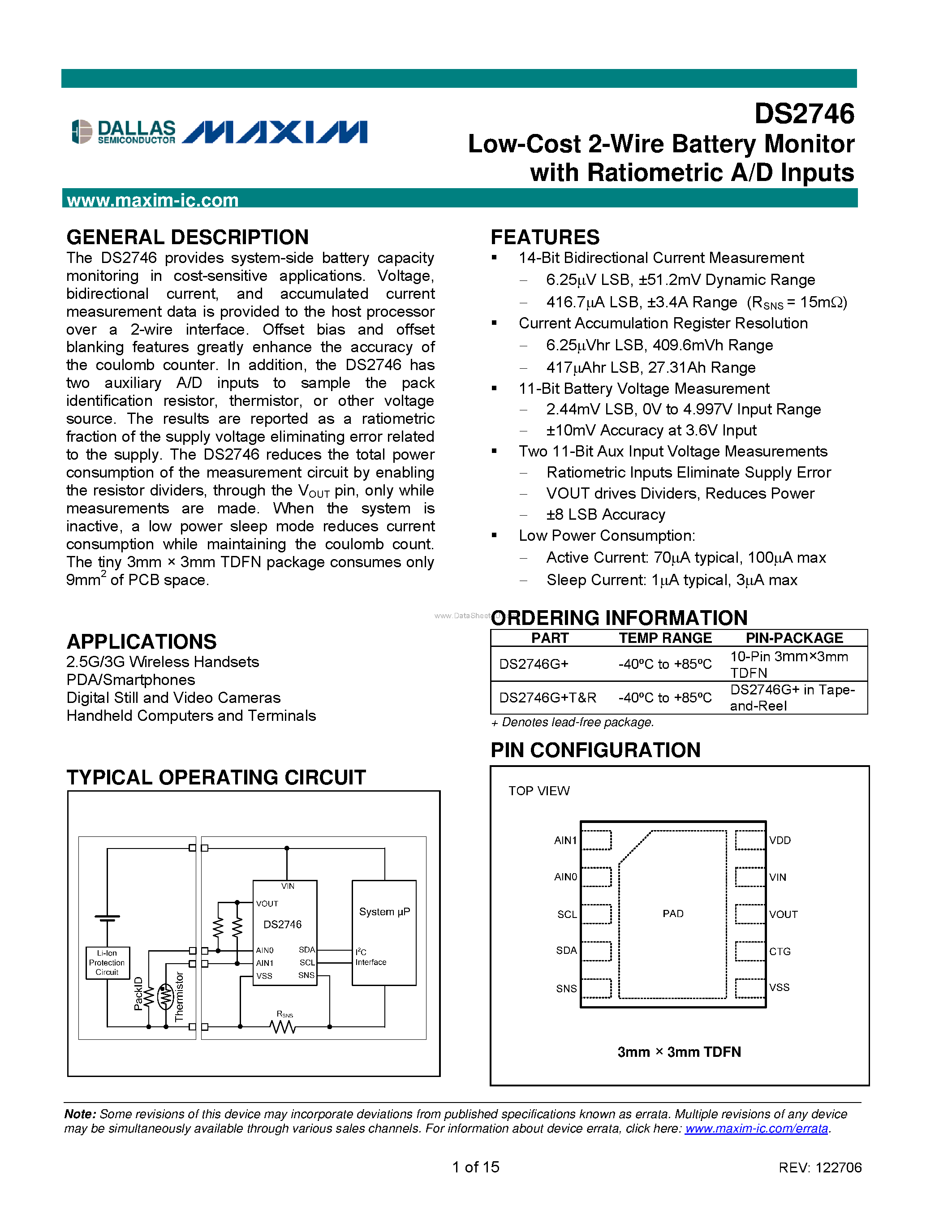 Datasheet DS2746 - Low-Cost 2-Wire Battery Monitor page 1