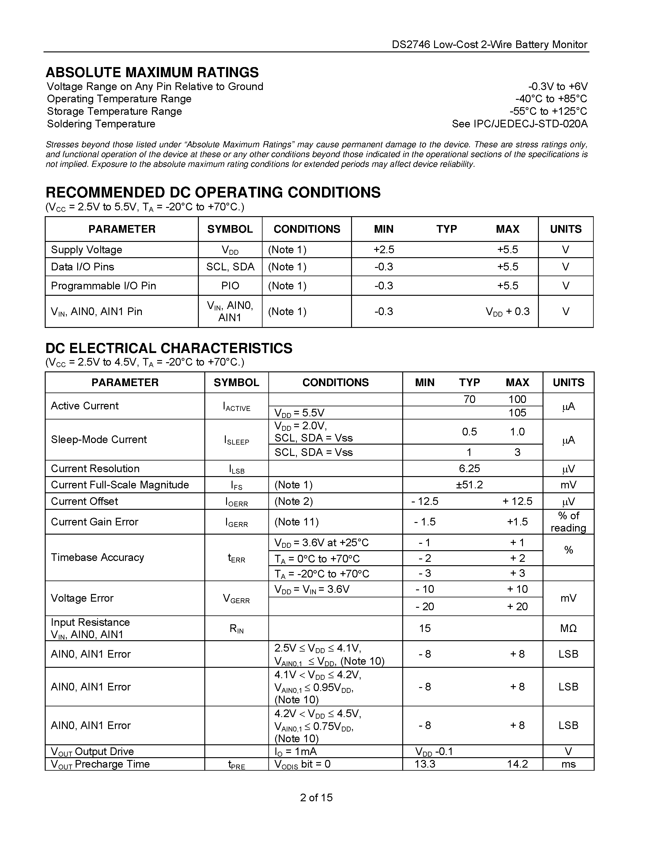Datasheet DS2746 - Low-Cost 2-Wire Battery Monitor page 2
