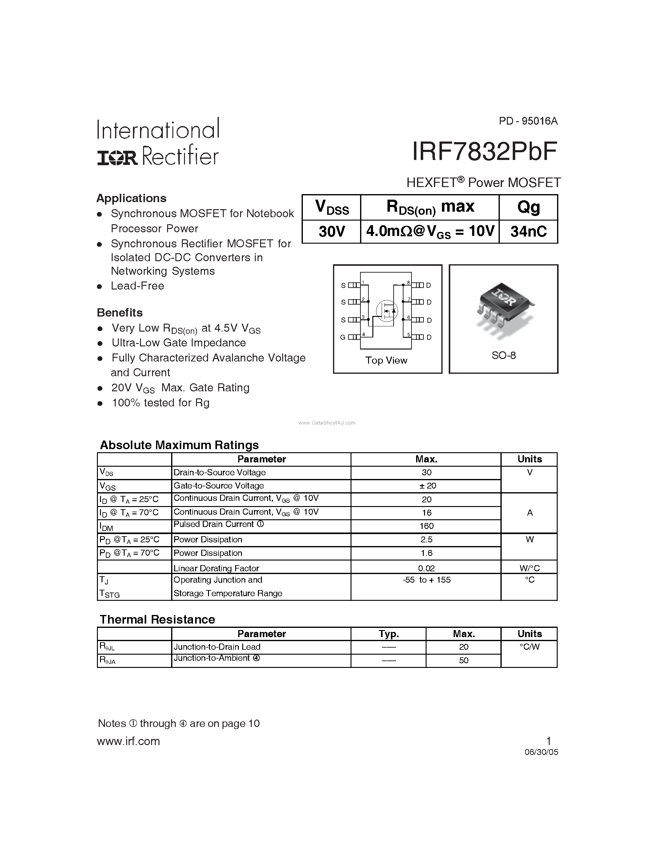 Datasheet IRF7832PBF - HEXFET Power MOSFET page 1