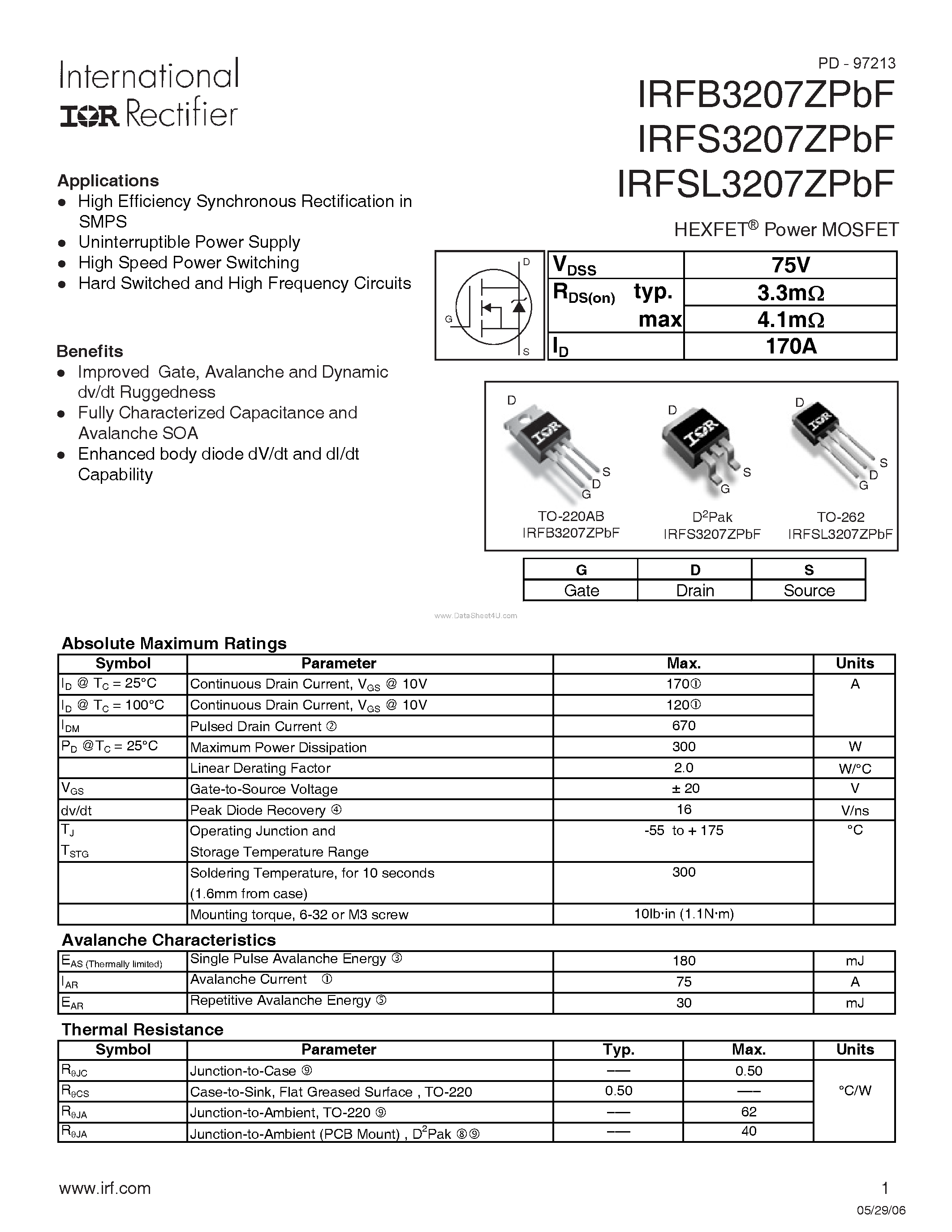 Datasheet IRFB3207ZPBF - (IRFx3207ZPBF) HEXFET Power MOSFET page 1