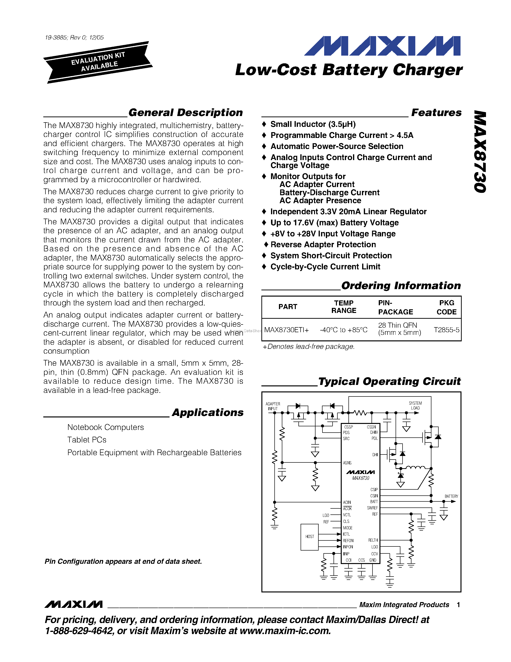 Datasheet MAX8730 - Low-Cost Battery Charger page 1