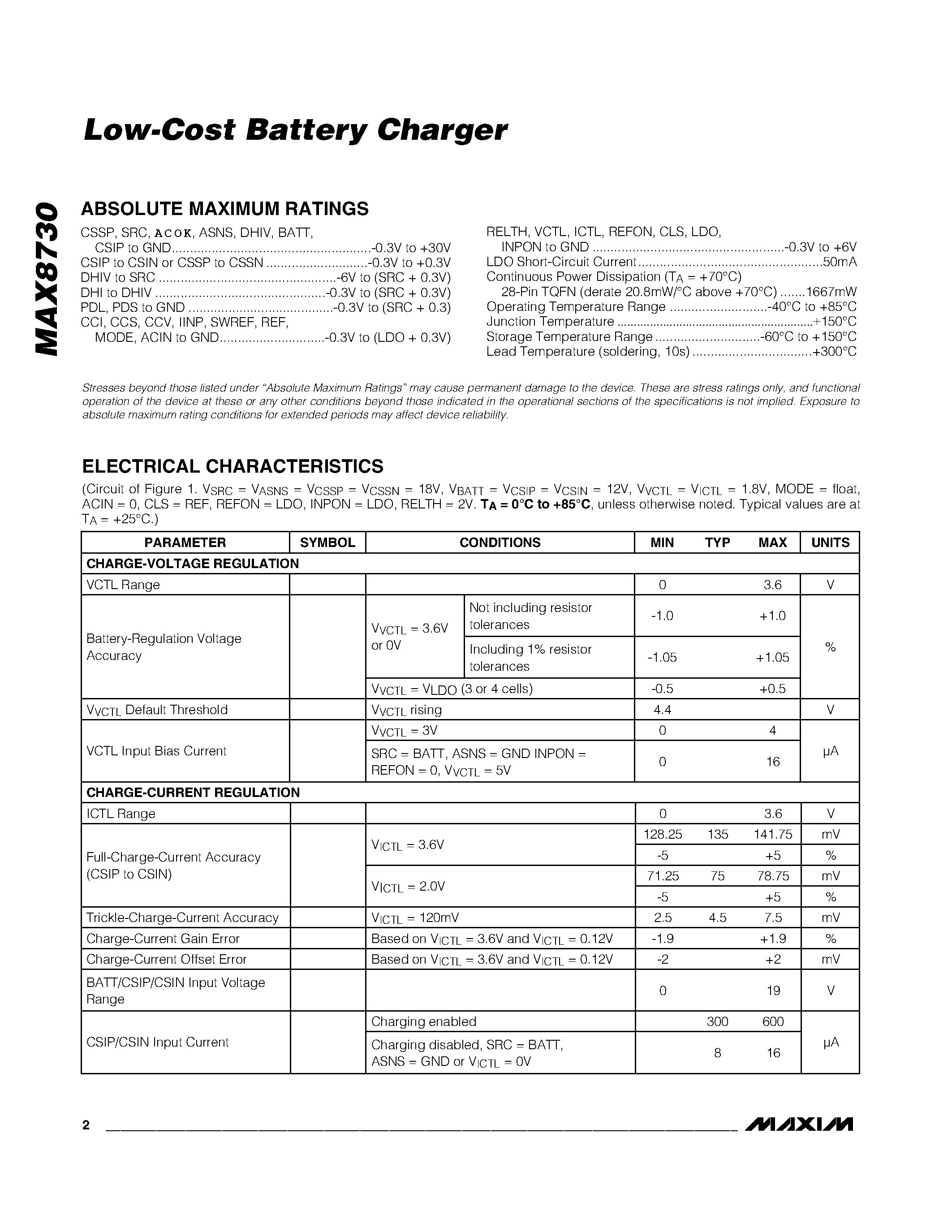 Datasheet MAX8730 - Low-Cost Battery Charger page 2