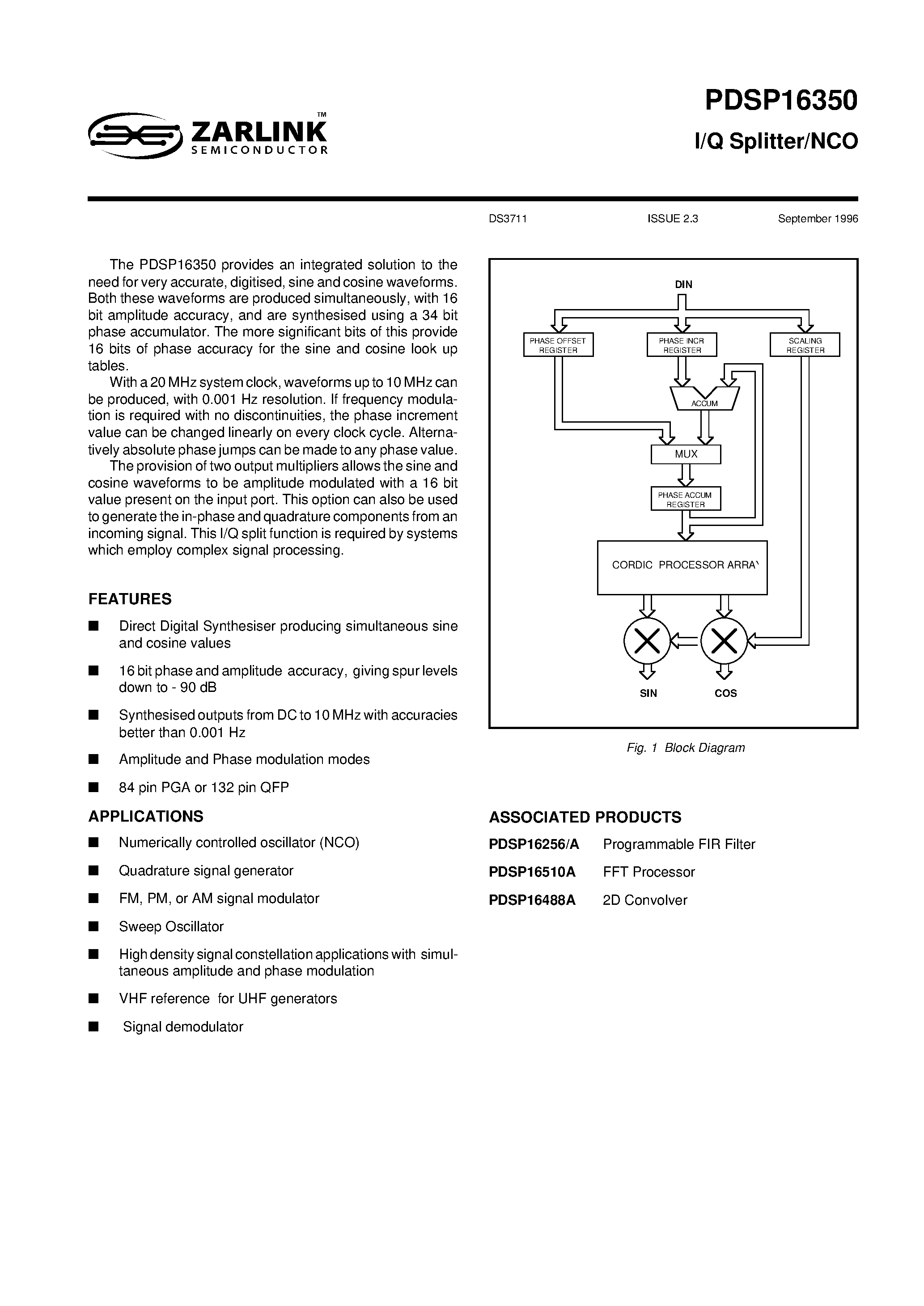 Datasheet PDSP16350 page 2 Datasheet PDSP16350 - I/Q Splitter/NCO page 2