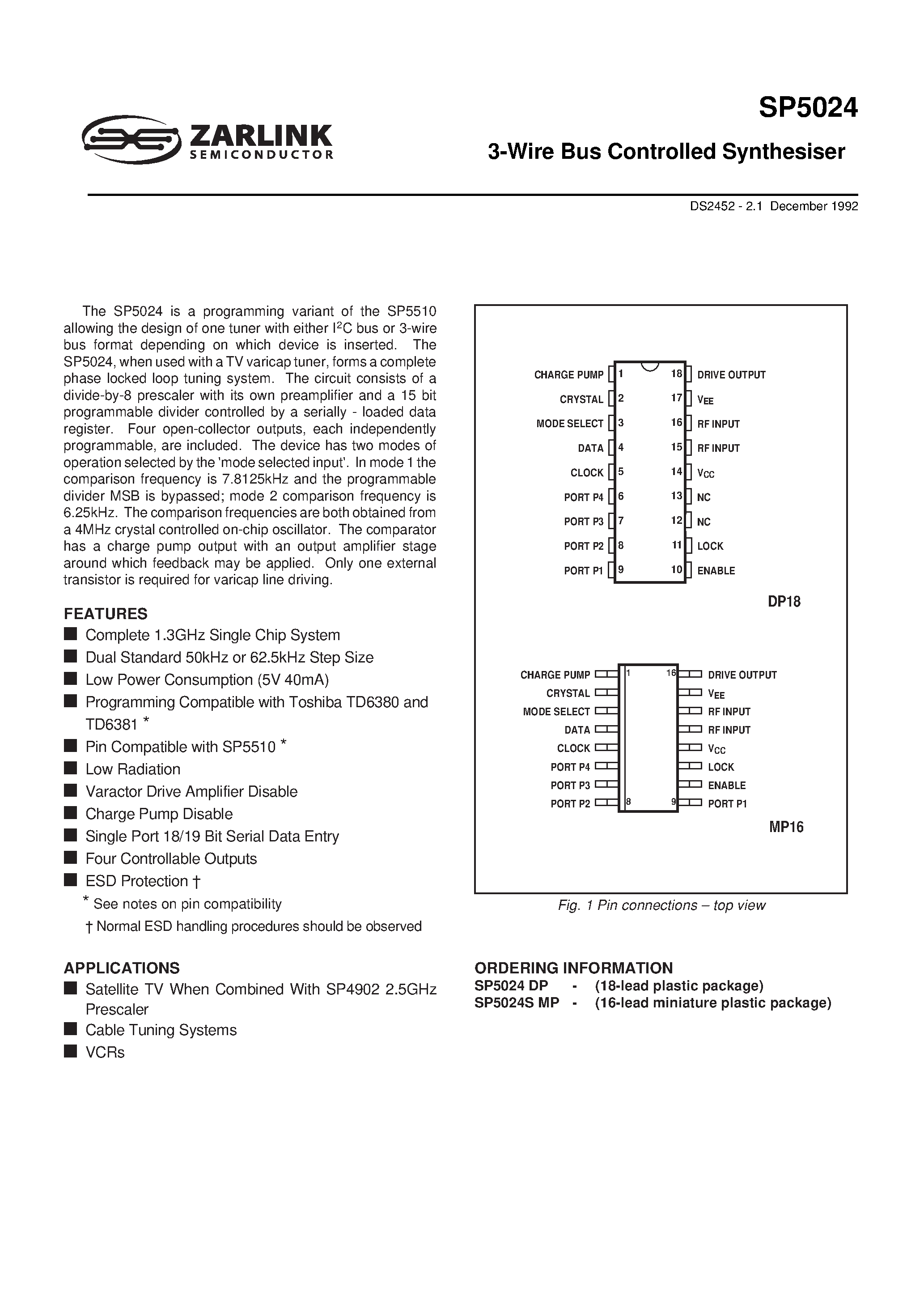 Datasheet SP5024 - 3-Wire Bus Controlled Synthesiser page 2