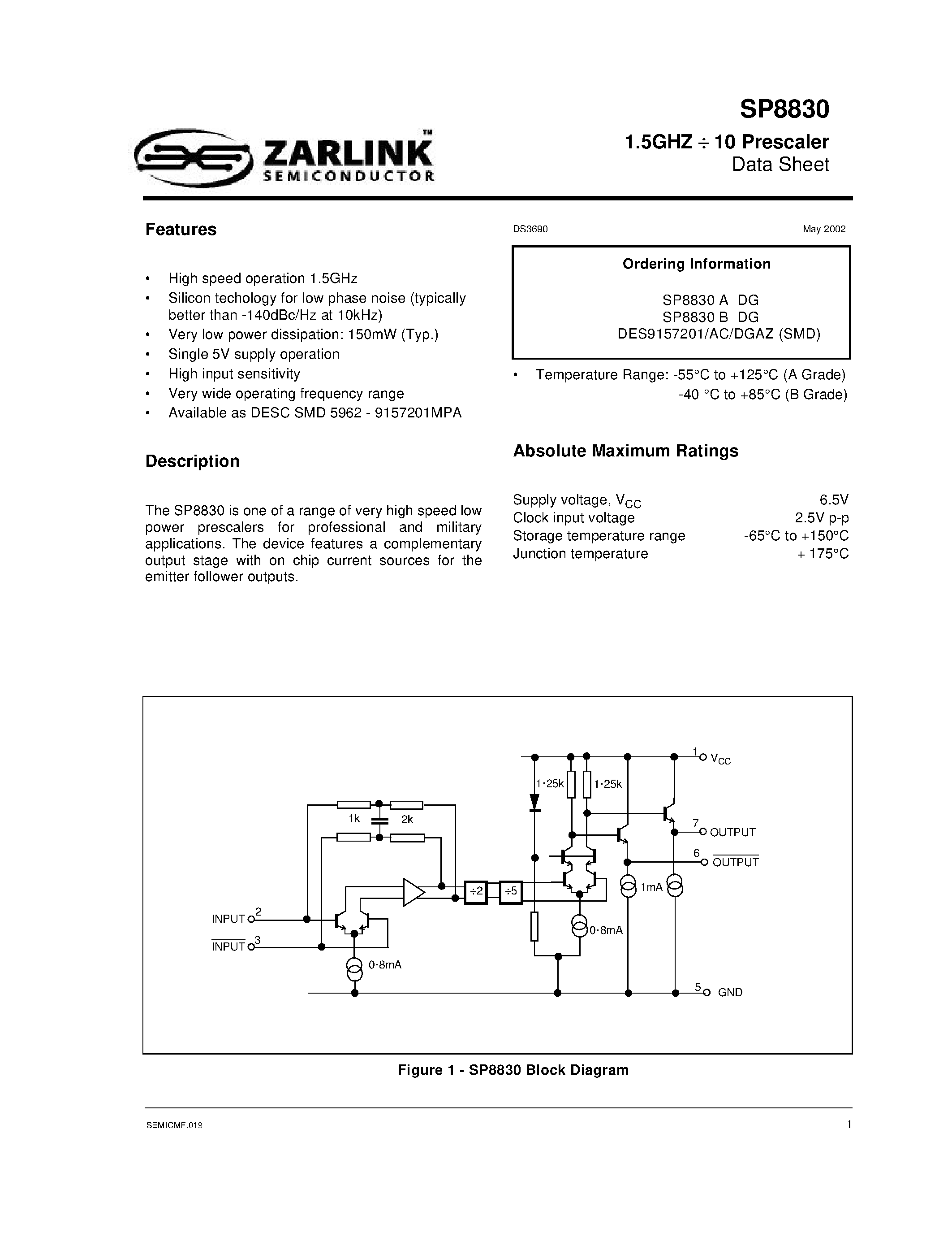 Datasheet SP8830 page 2 Datasheet SP8830 - 1.5GHz / 10 Prescaler page 2