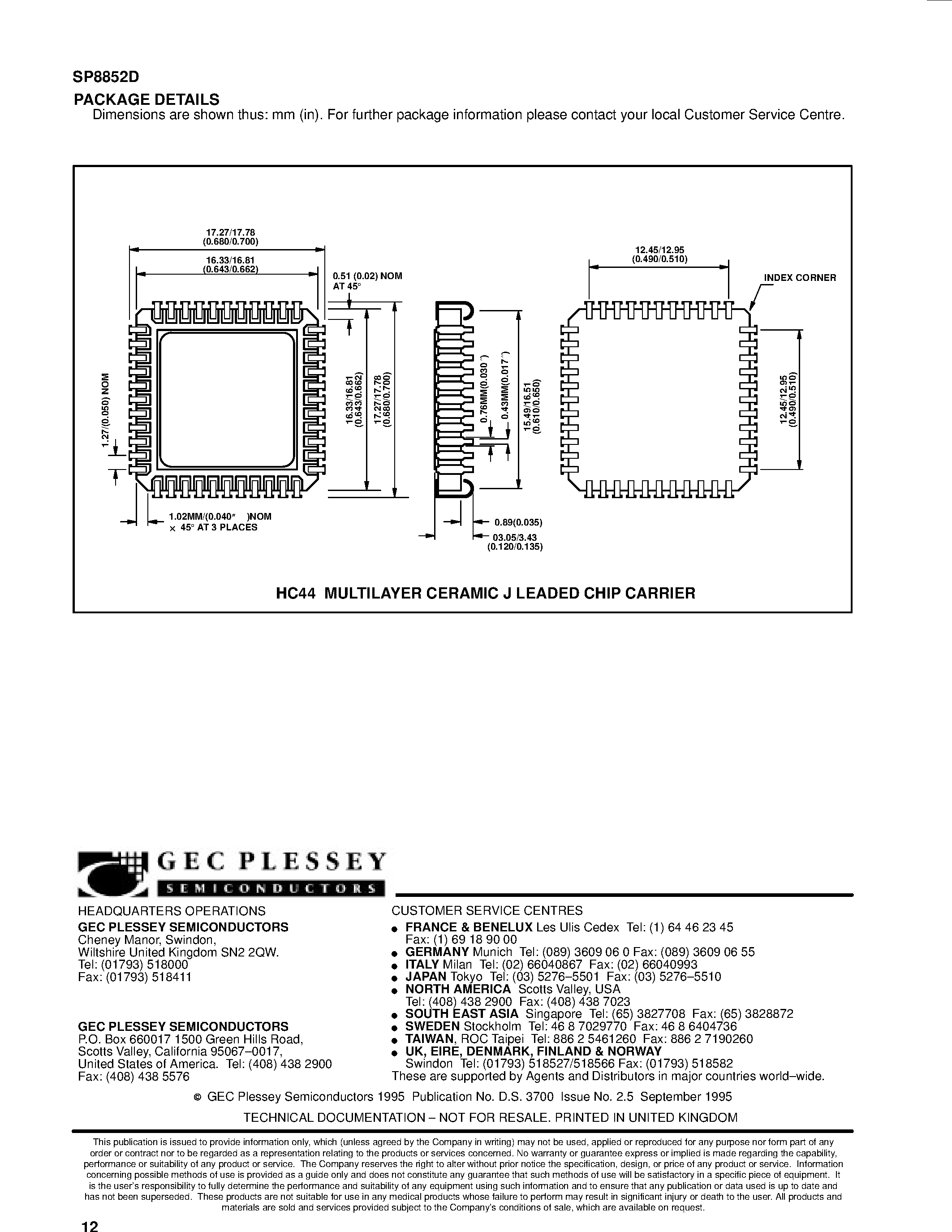Datasheet SP8852D page 2 Datasheet SP8852D - 1.7GHz PARALLEL LOAD PROFESSIONAL SYNTHESISER page 2