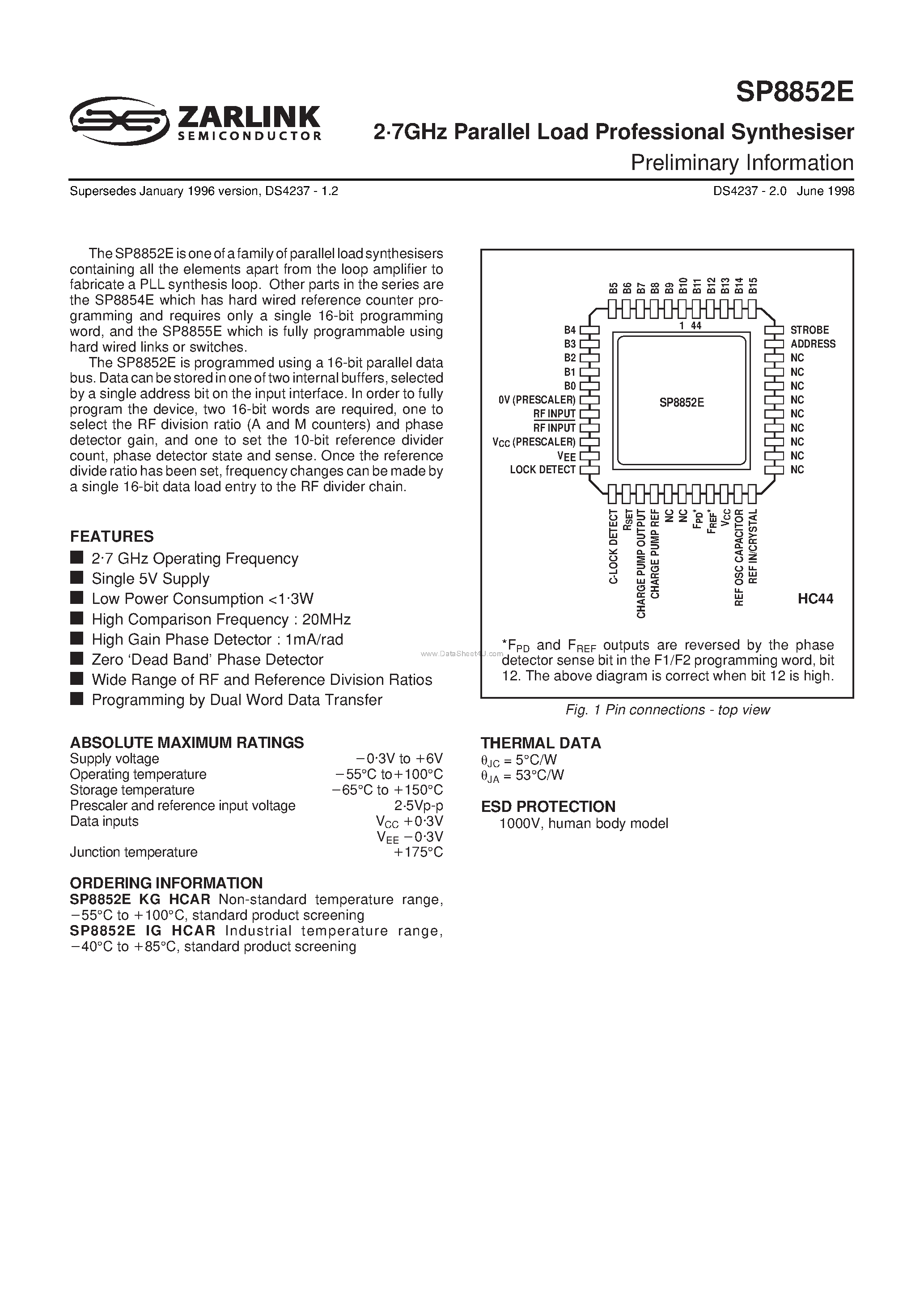 Datasheet SP8852E - 1.7GHz PARALLEL LOAD PROFESSIONAL SYNTHESISER page 1