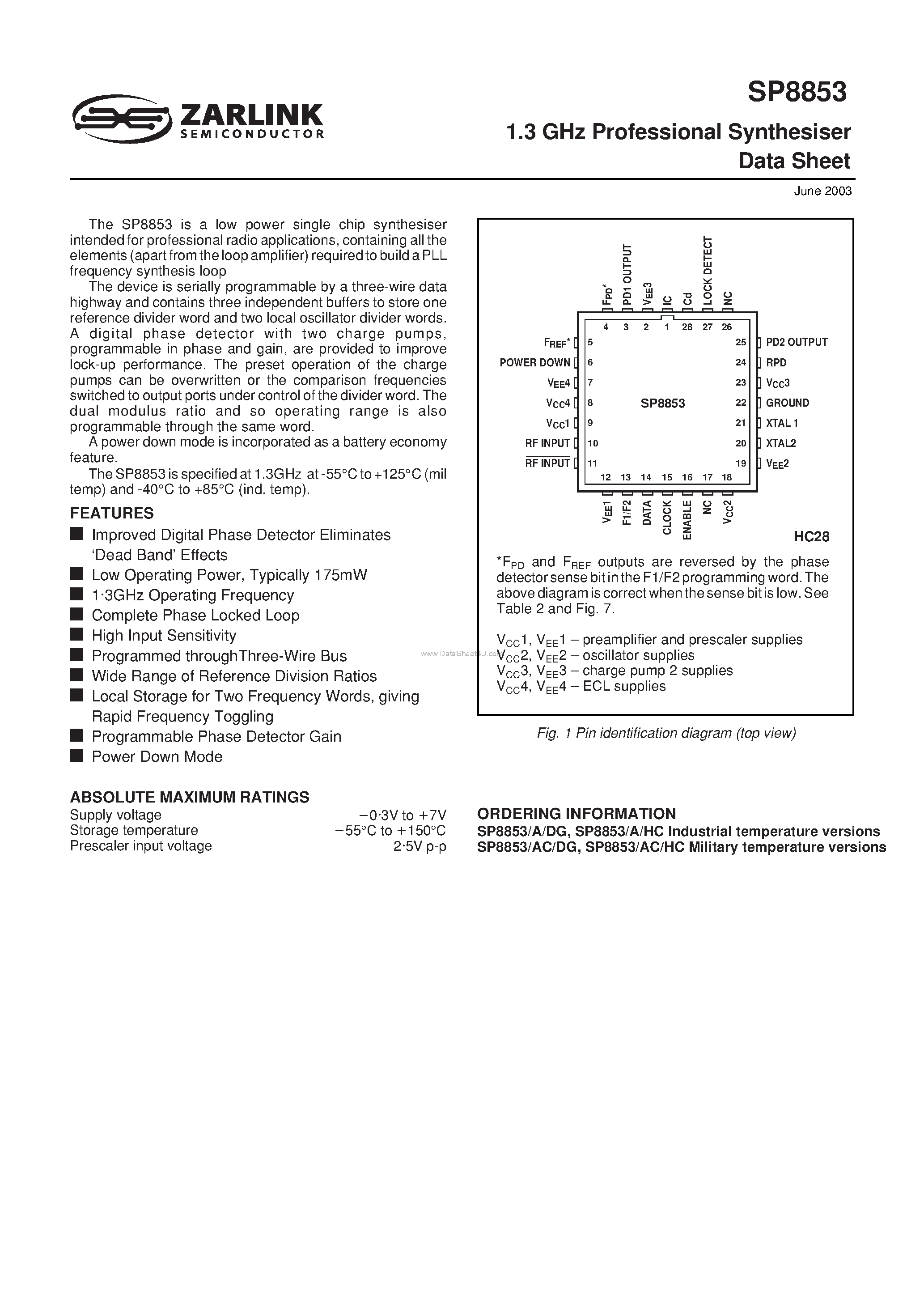 Datasheet SP8853 - 1.3 GHz Professional Synthesiser page 1