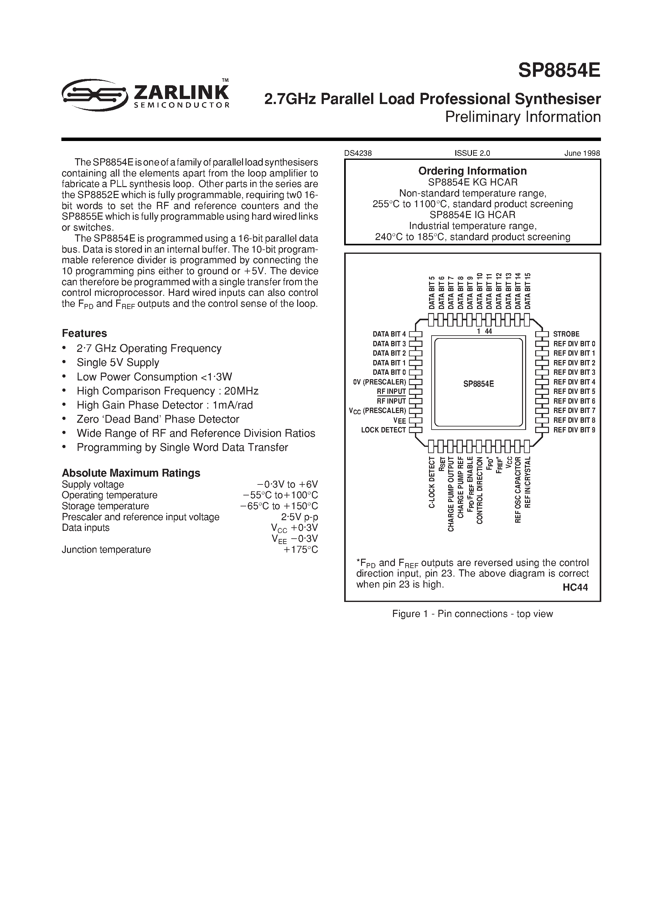 Datasheet SP8854E - 2.7GHz PARALLEL LOAD PROFESSIONAL SYNTHESISER page 2