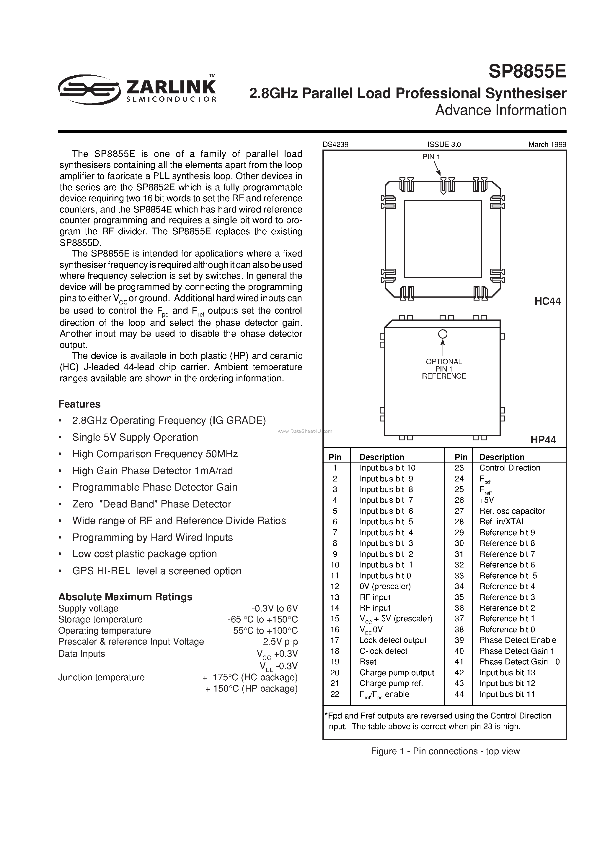 Datasheet SP8855E - 2.8GHz PARALLEL LOAD PROFESSIONAL SYNTHESISER page 1
