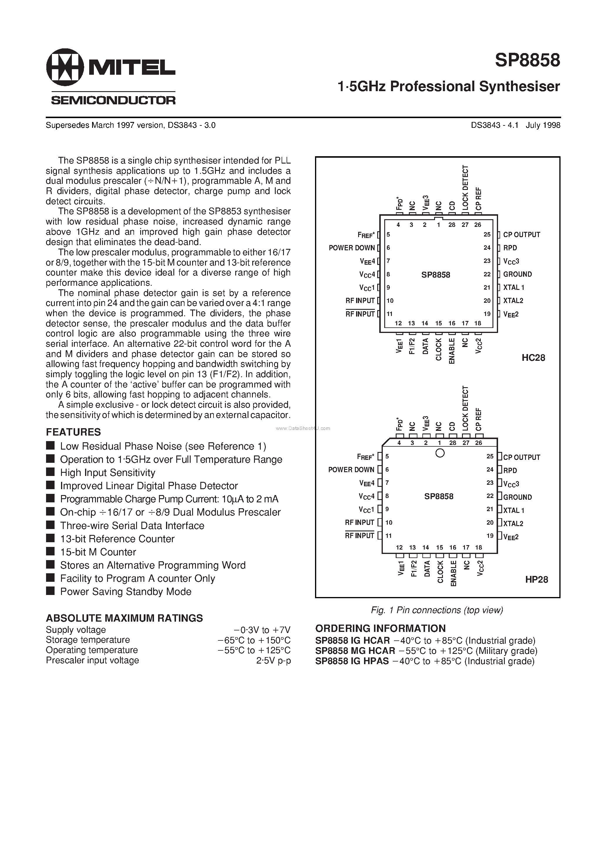 Datasheet SP8858 page 1 Datasheet SP8858 - 1.5GHz Professional Synthesiser page 1