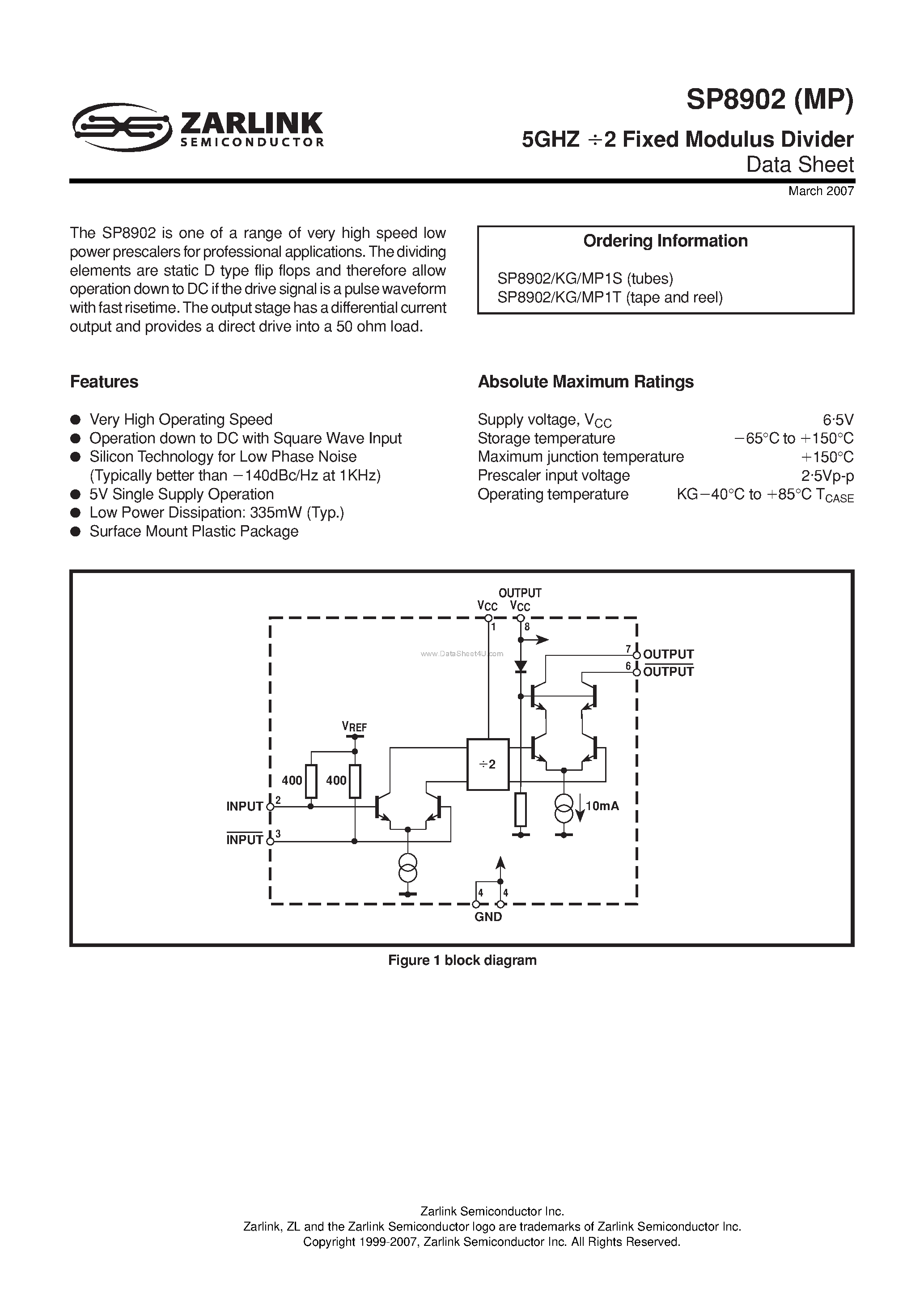 Datasheet SP8902 - 5GHZ/ 2 Fixed Modulus Divider page 1