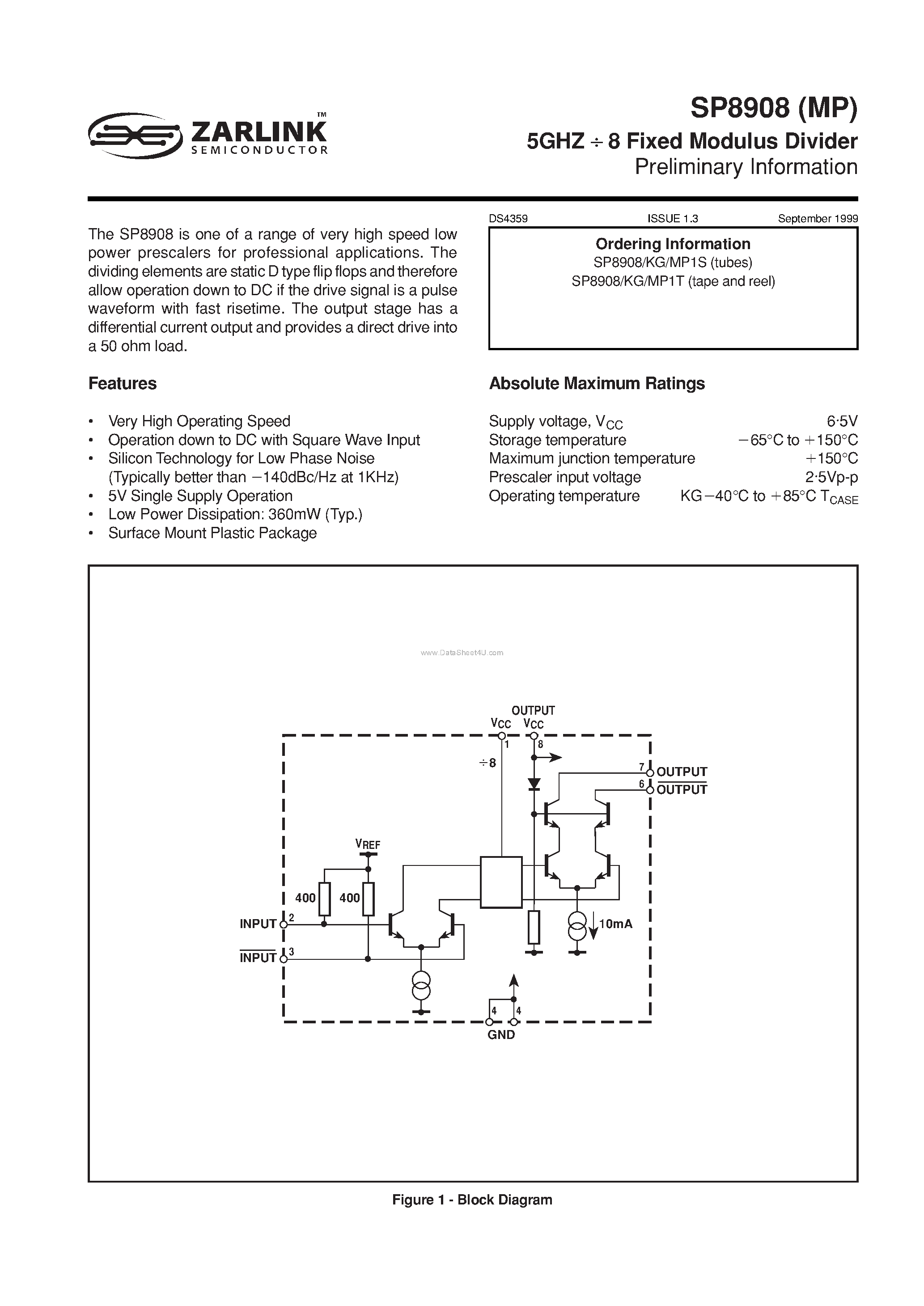 Datasheet SP8908 page 1 Datasheet SP8908 - 5GHZ/ 8 Fixed Modulus Divider page 1