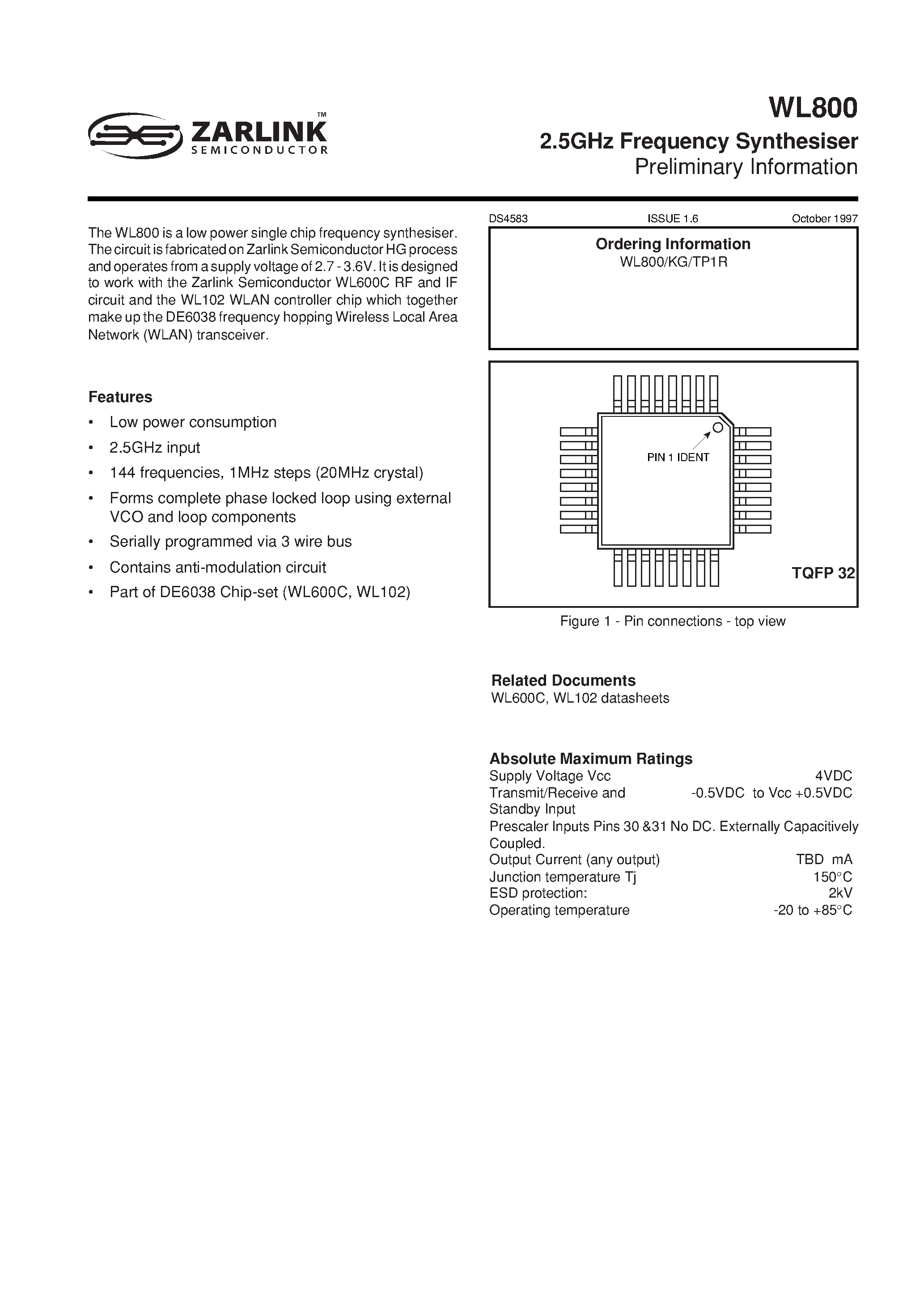 Datasheet WL800 page 2 Datasheet WL800 - 2.5GHz Frequency Synthesiser page 2