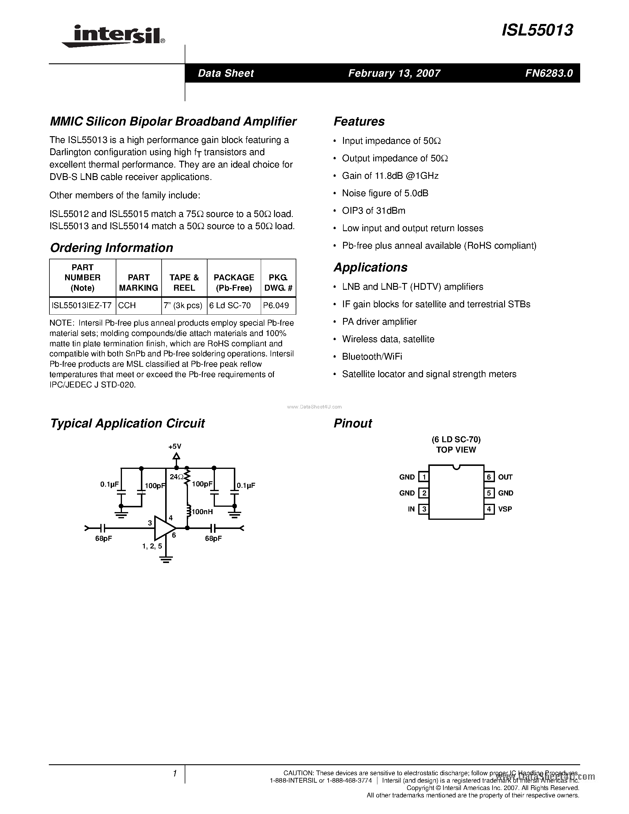 Datasheet ISL55013 - MMIC Silicon Bipolar Broadband Amplifier page 1