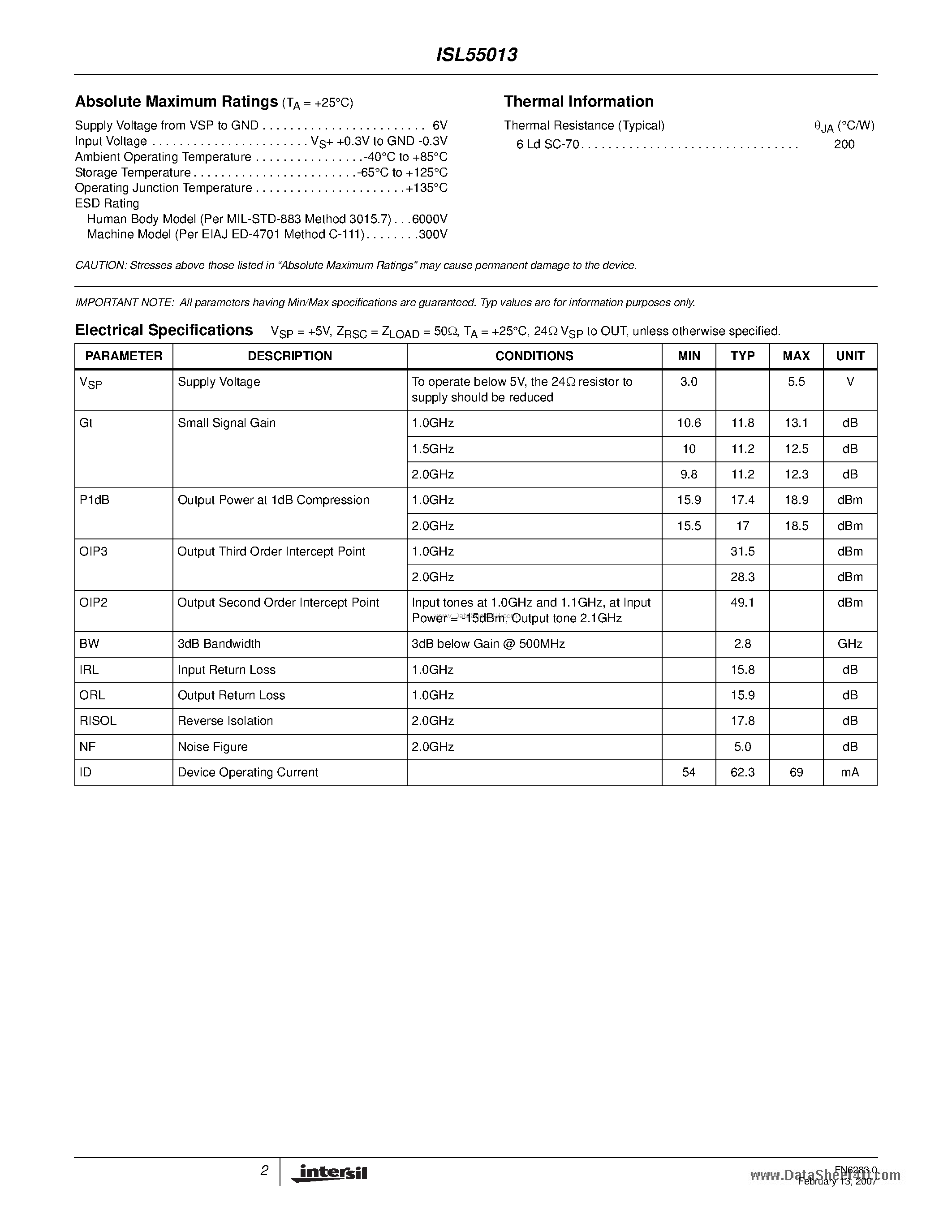 Datasheet ISL55013 - MMIC Silicon Bipolar Broadband Amplifier page 2