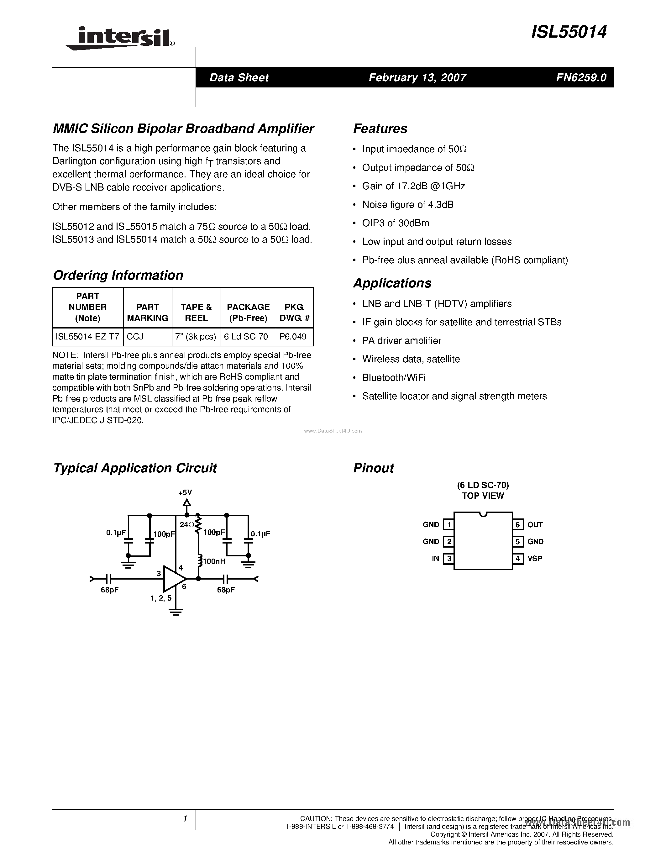 Datasheet ISL55014 - MMIC Silicon Bipolar Broadband Amplifier page 1