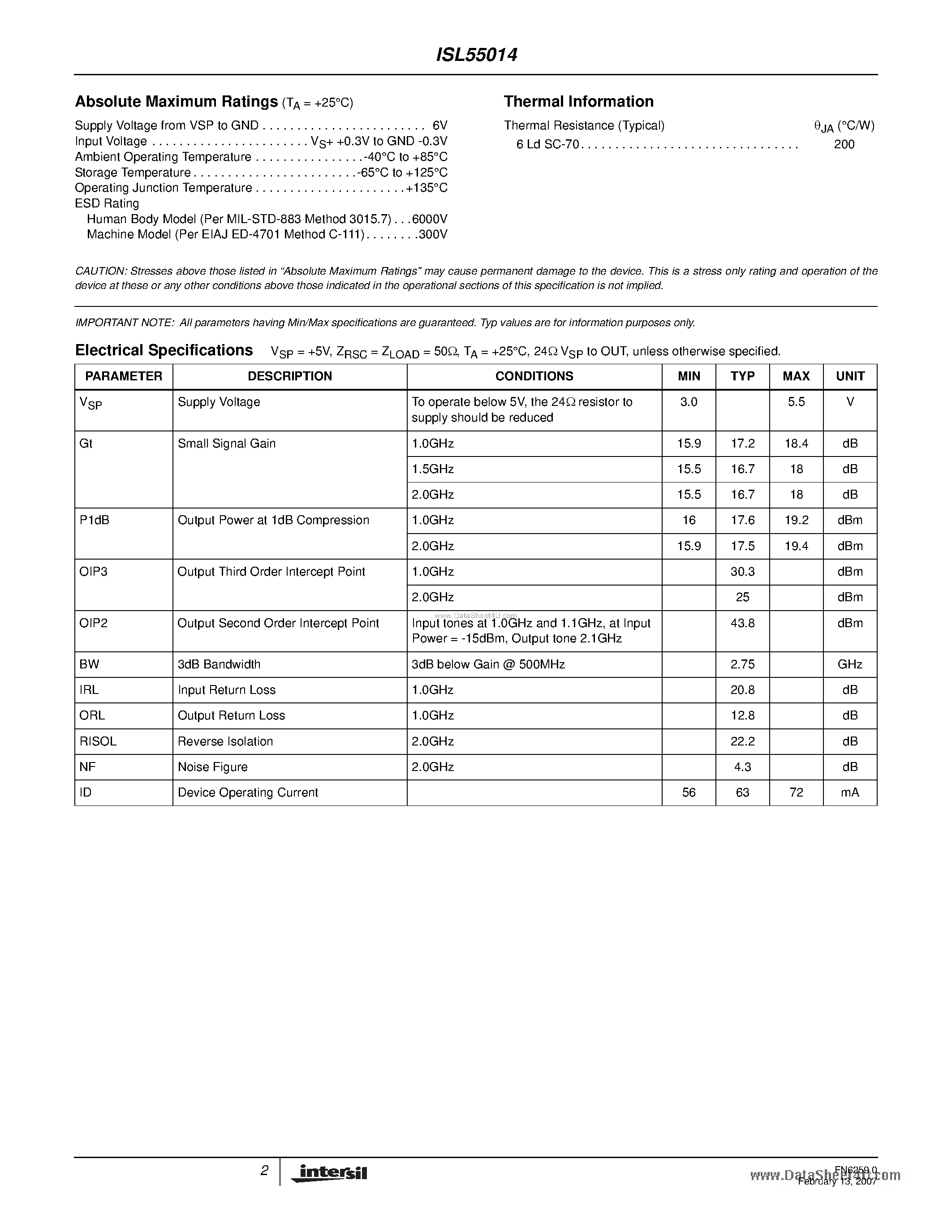 Datasheet ISL55014 - MMIC Silicon Bipolar Broadband Amplifier page 2