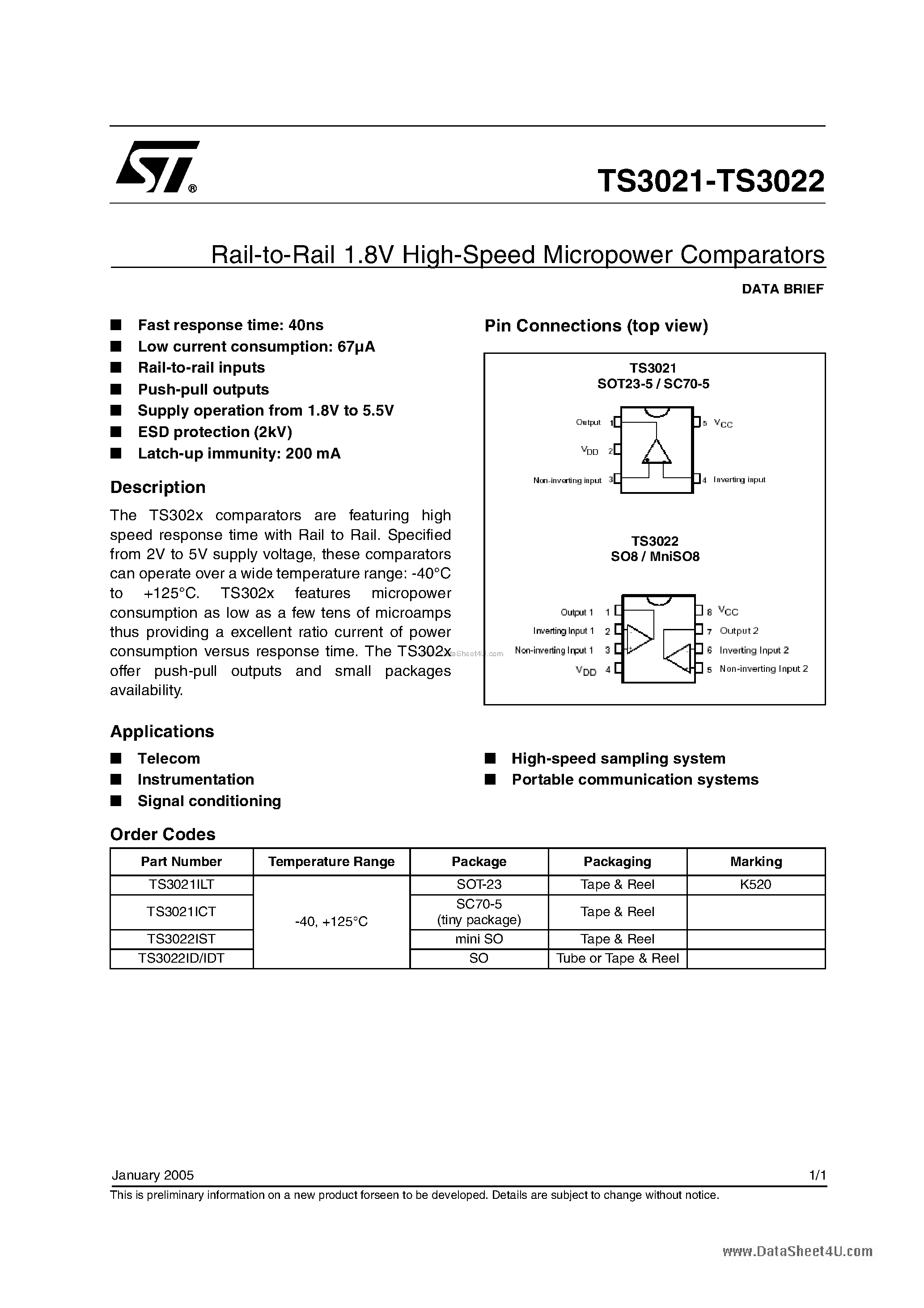 Даташит TS3021 - (TS3021 / TS3022) Rail-to-Rail 1.8V High-Speed Micropower Comparators страница 1