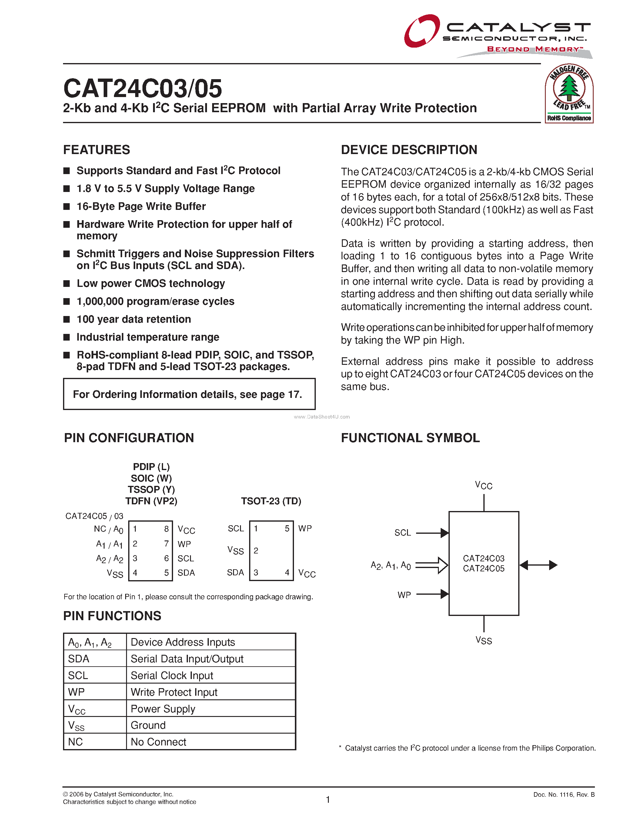 Datasheet CAT24C03 - (CAT24C03 / CAT24C05) 2-Kb and 4-Kb I2C Serial EEPROM page 1