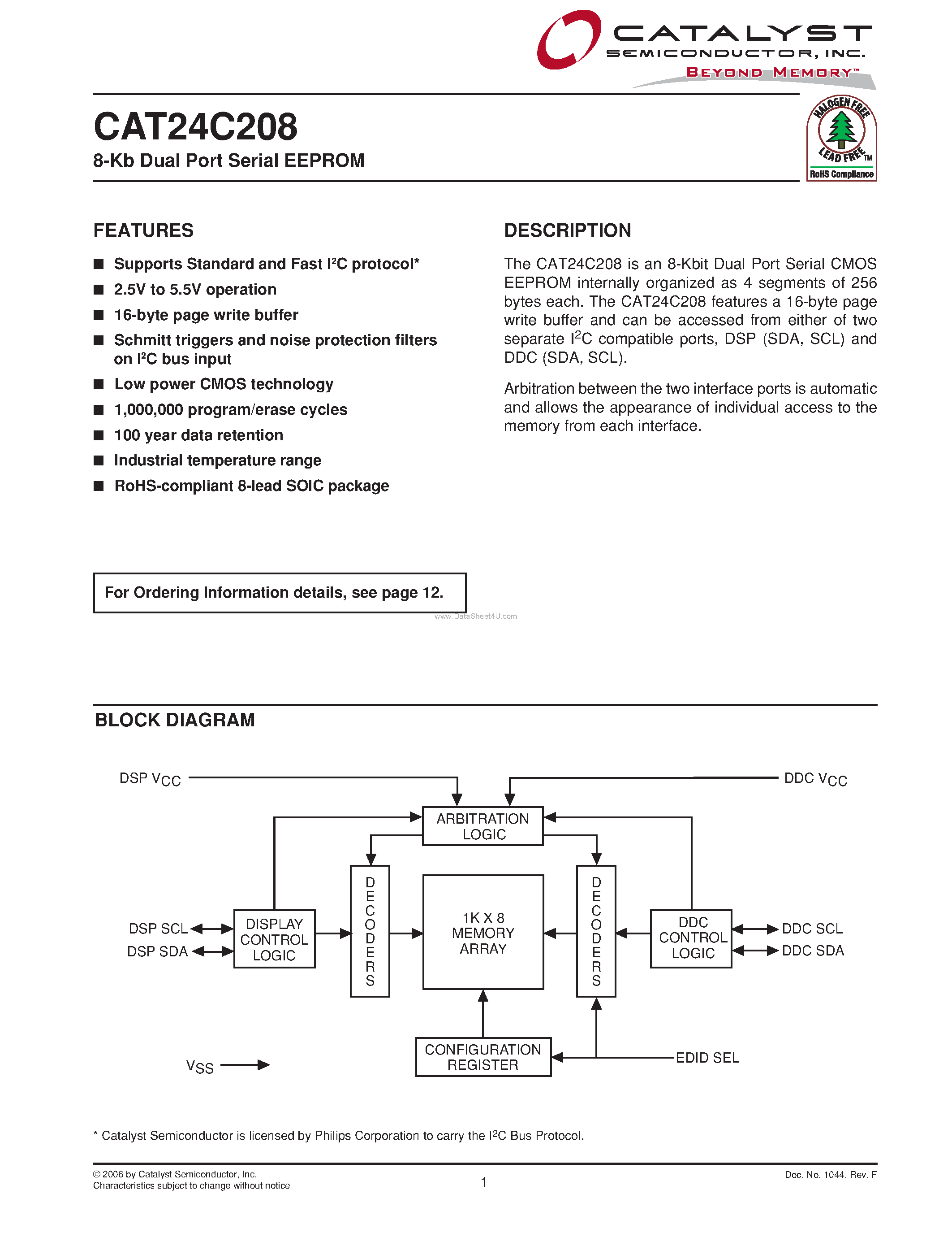 Даташит на микросхему CAT24C208 страница 1 Даташит CAT24C208 - 8-Kb Dual Port Serial EEPROM страница 1
