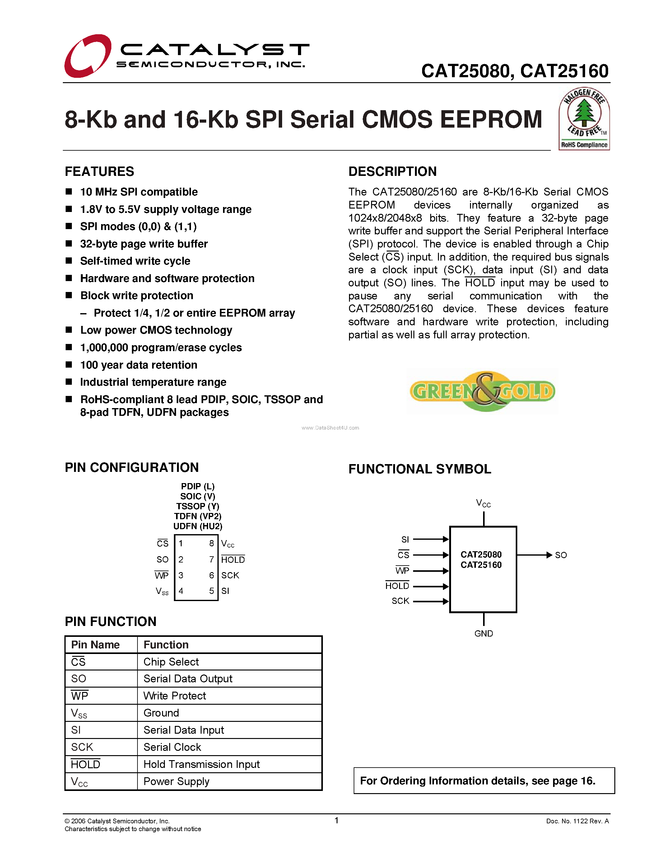 Datasheet CAT25080 page 1 Datasheet CAT25080 - (CAT25080 / CAT25160) 8-Kb and 16-Kb SPI Serial CMOS EEPROM page 1