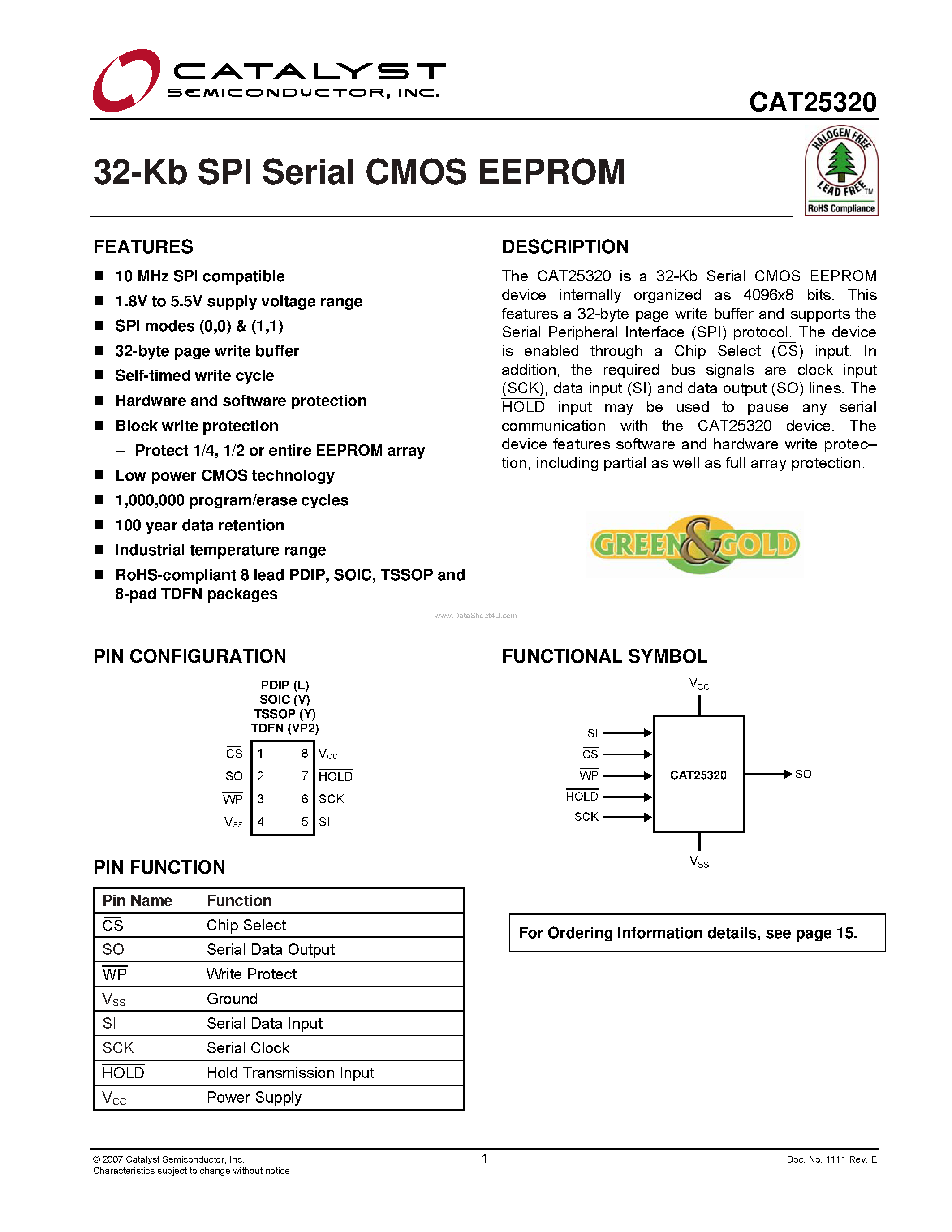 Datasheet CAT25320 - 32-Kb SPI Serial CMOS EEPROM page 1