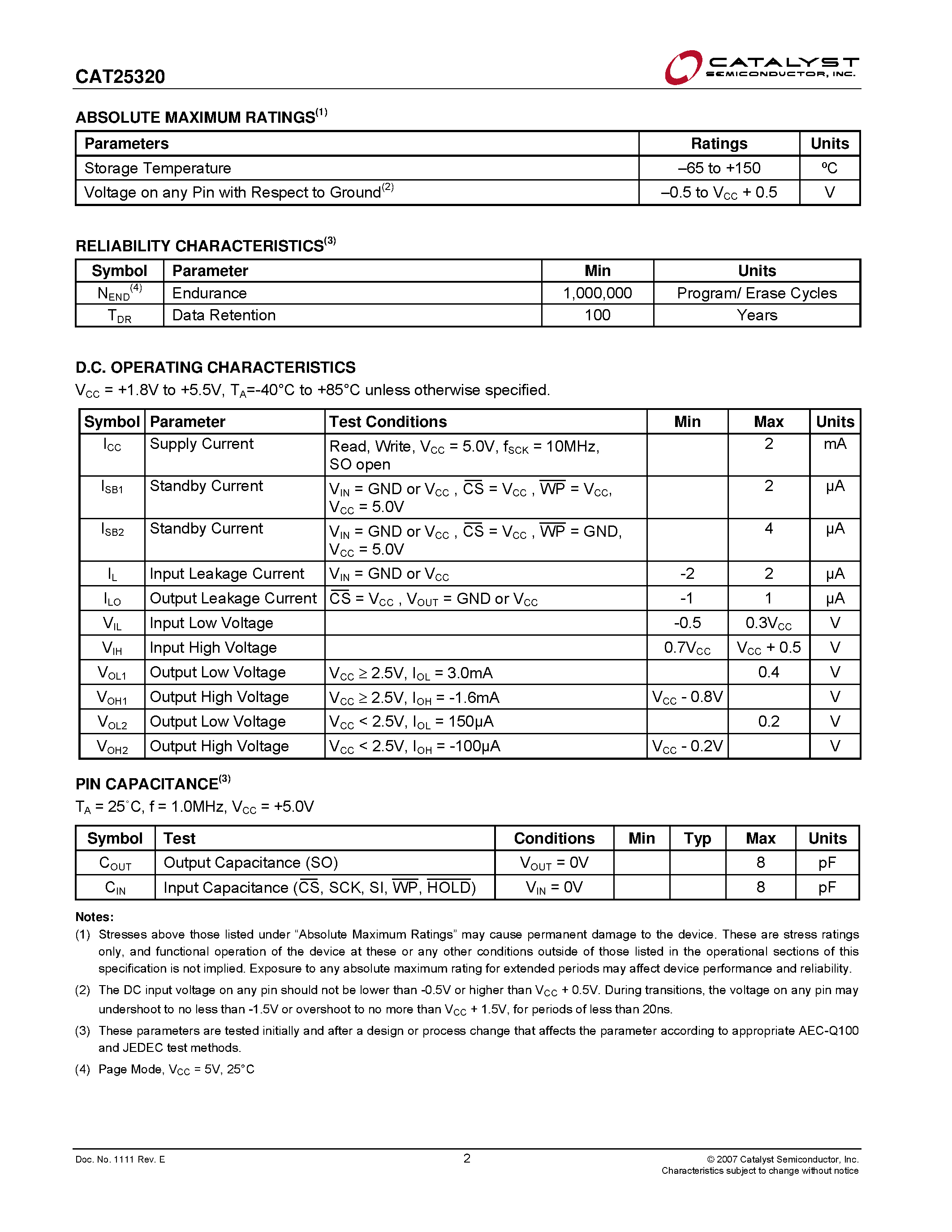 Datasheet CAT25320 - 32-Kb SPI Serial CMOS EEPROM page 2