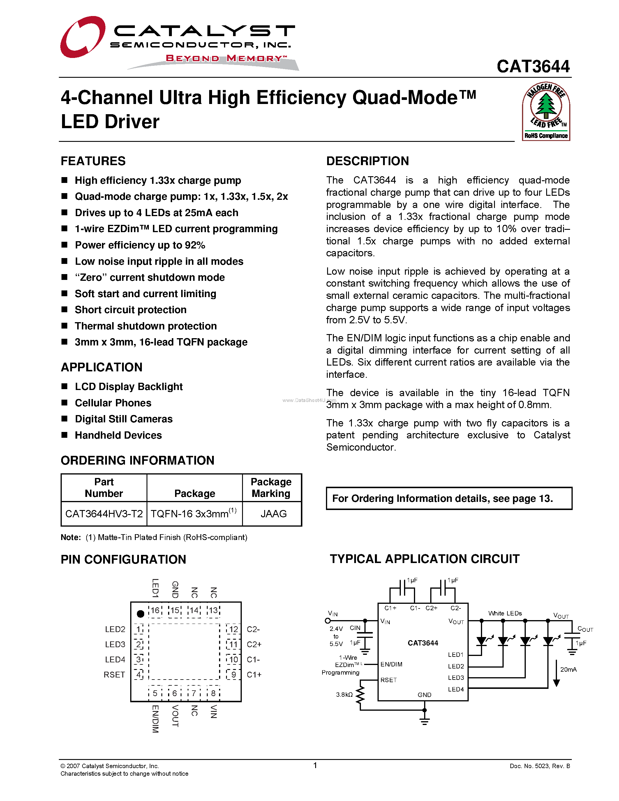 Datasheet CAT3644 - 4-Channel Ultra High Efficiency Quad-Mode TM LED Driver page 1