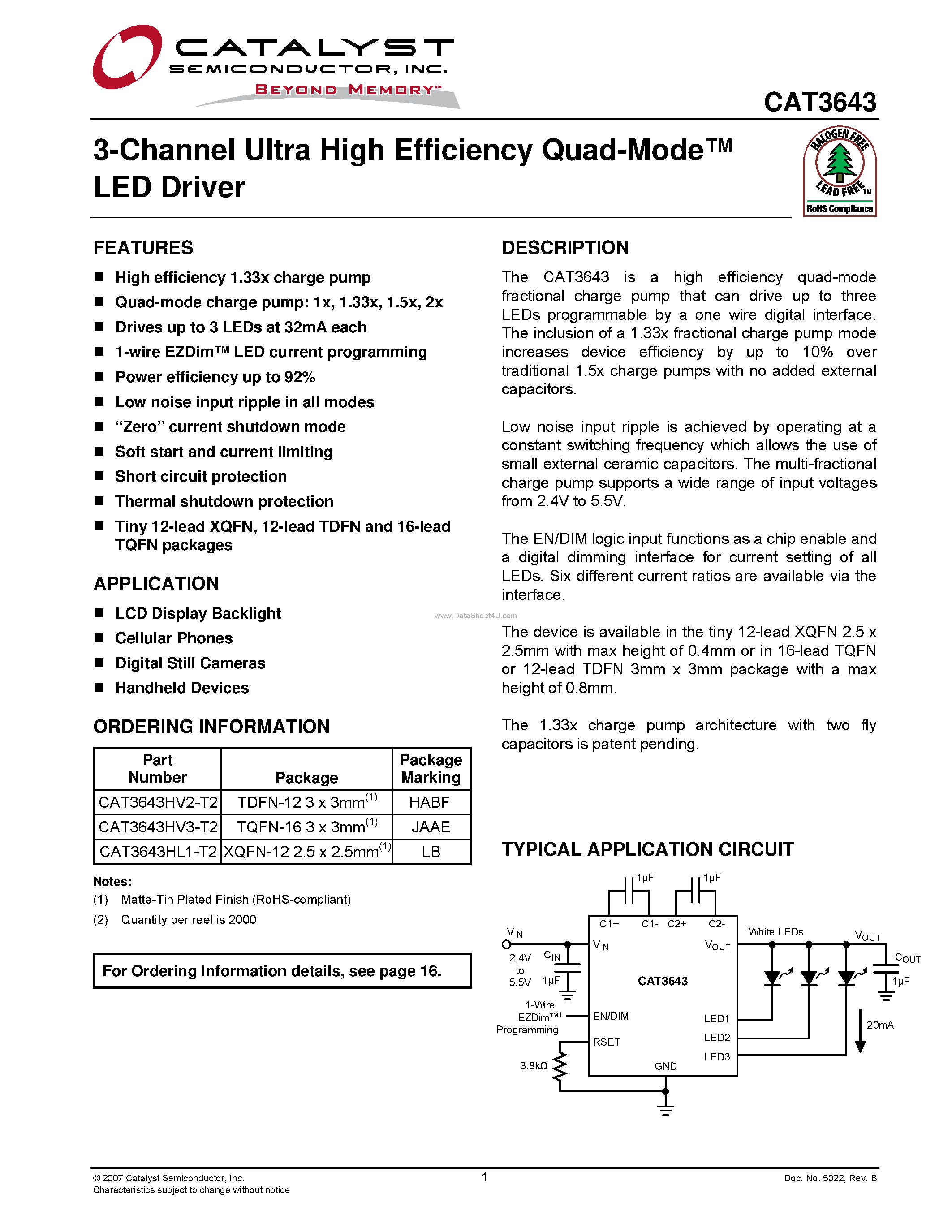 Datasheet CAT3643 page 1 Datasheet CAT3643 - 3-Channel Ultra High Efficiency Quad-Mode TM LED Driver page 1