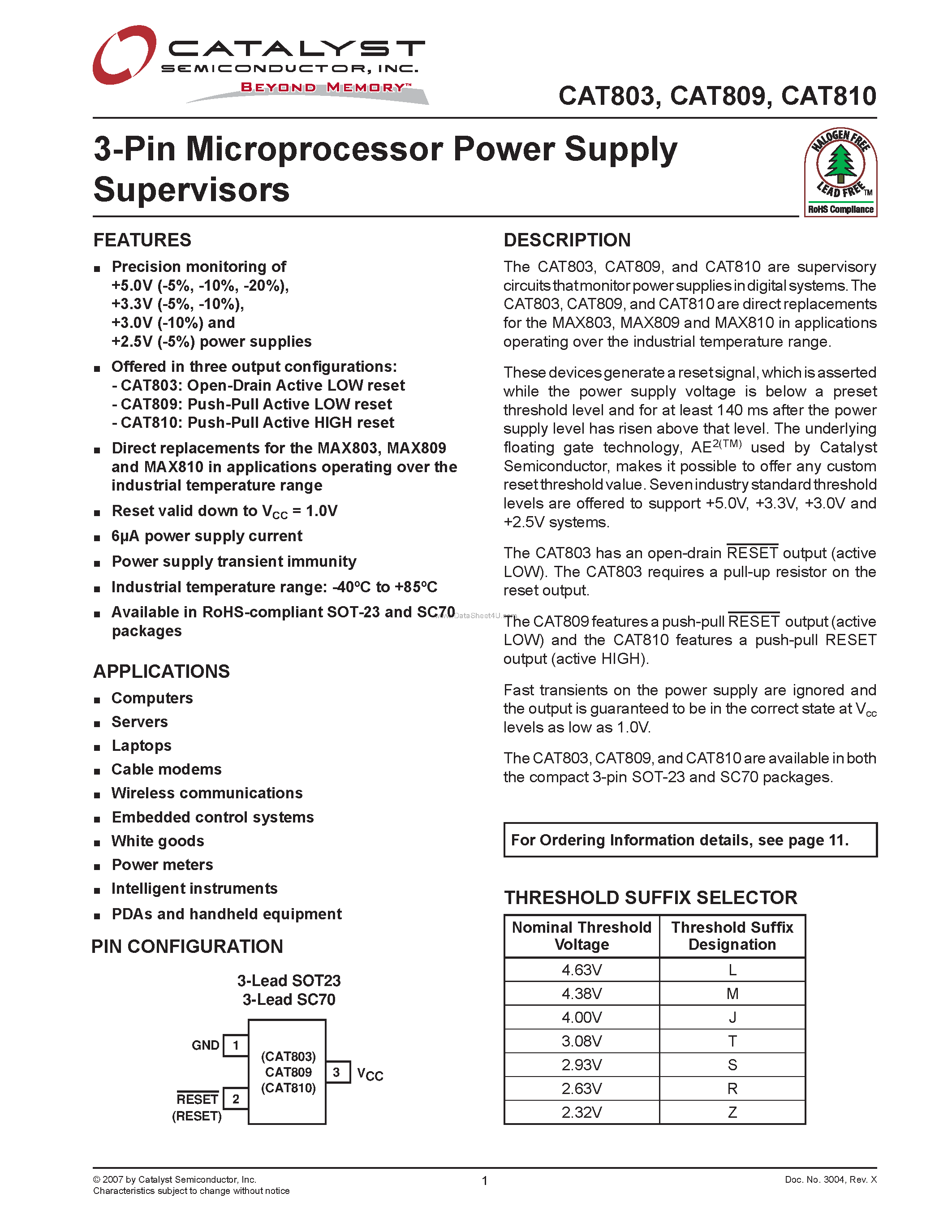 Datasheet CAT803 page 1 Datasheet CAT803 - (CAT803 - CAT810) 3-Pin Microprocessor Power Supply Supervisors page 1